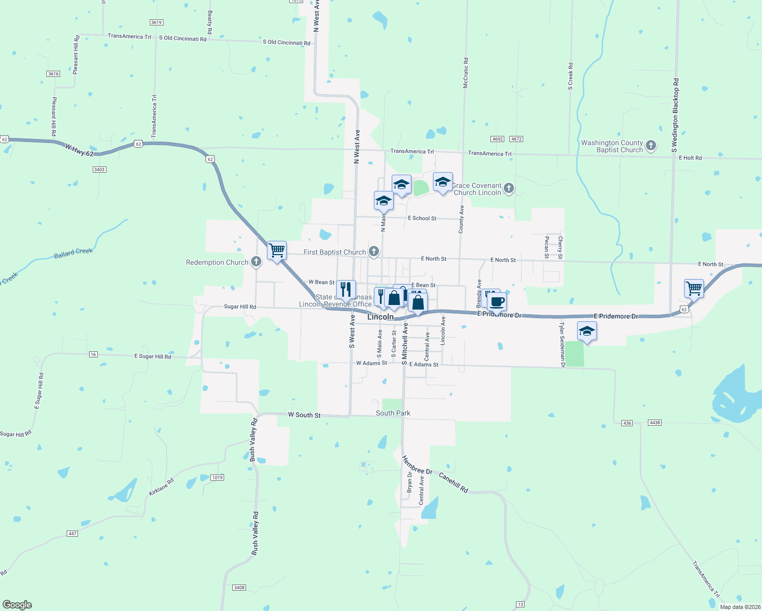 map of restaurants, bars, coffee shops, grocery stores, and more near Main Street in Lincoln