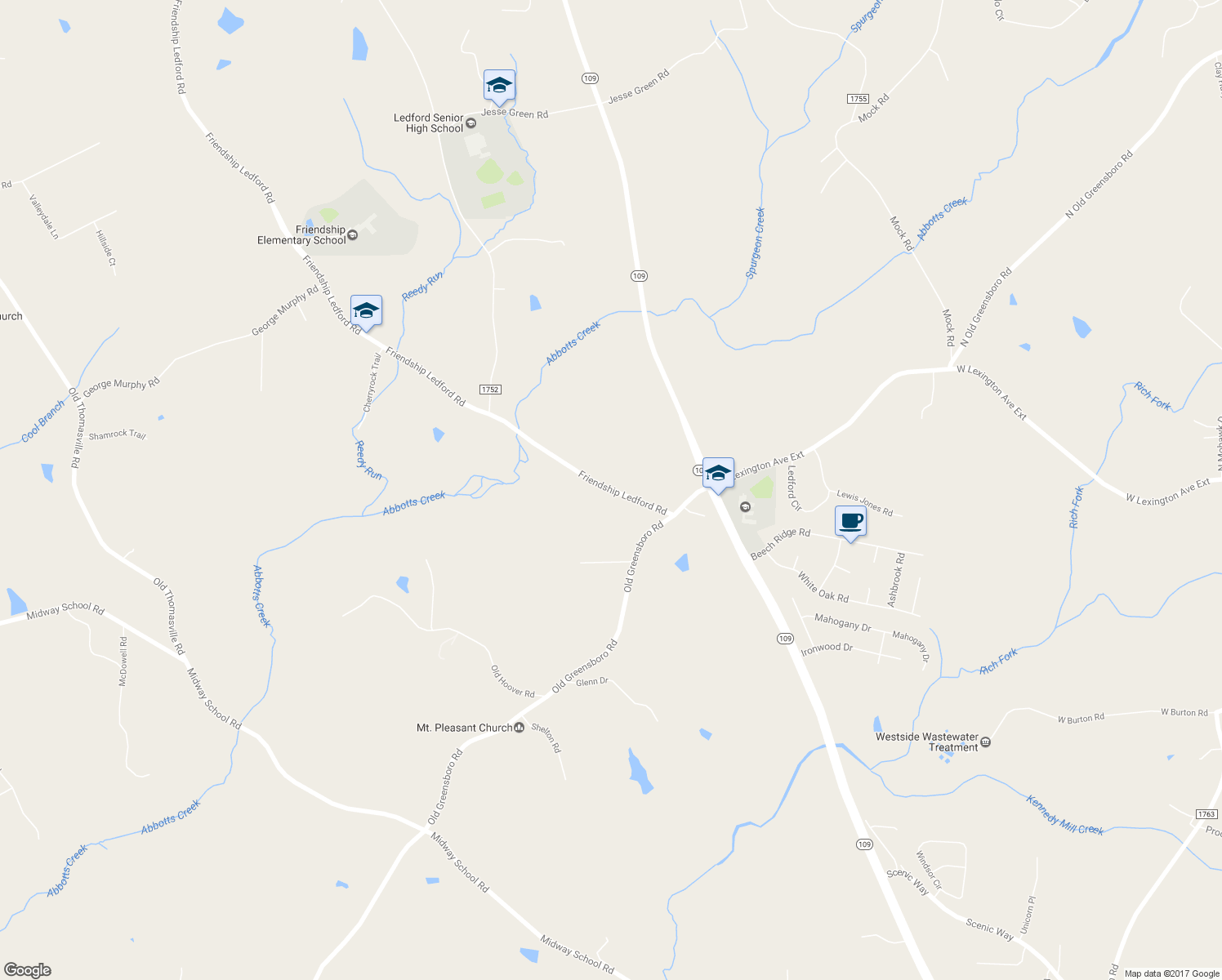 map of restaurants, bars, coffee shops, grocery stores, and more near 311 Friendship Ledford Road in Thomasville