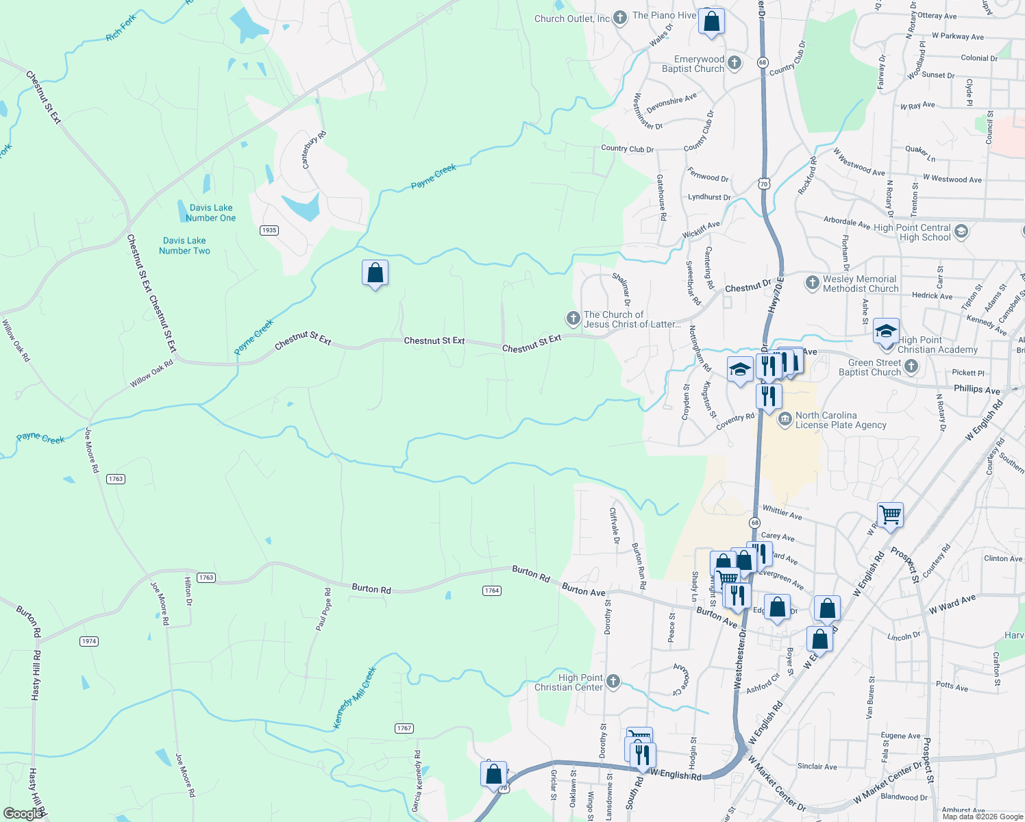 map of restaurants, bars, coffee shops, grocery stores, and more near 2260 Cambridge Oaks Drive in High Point
