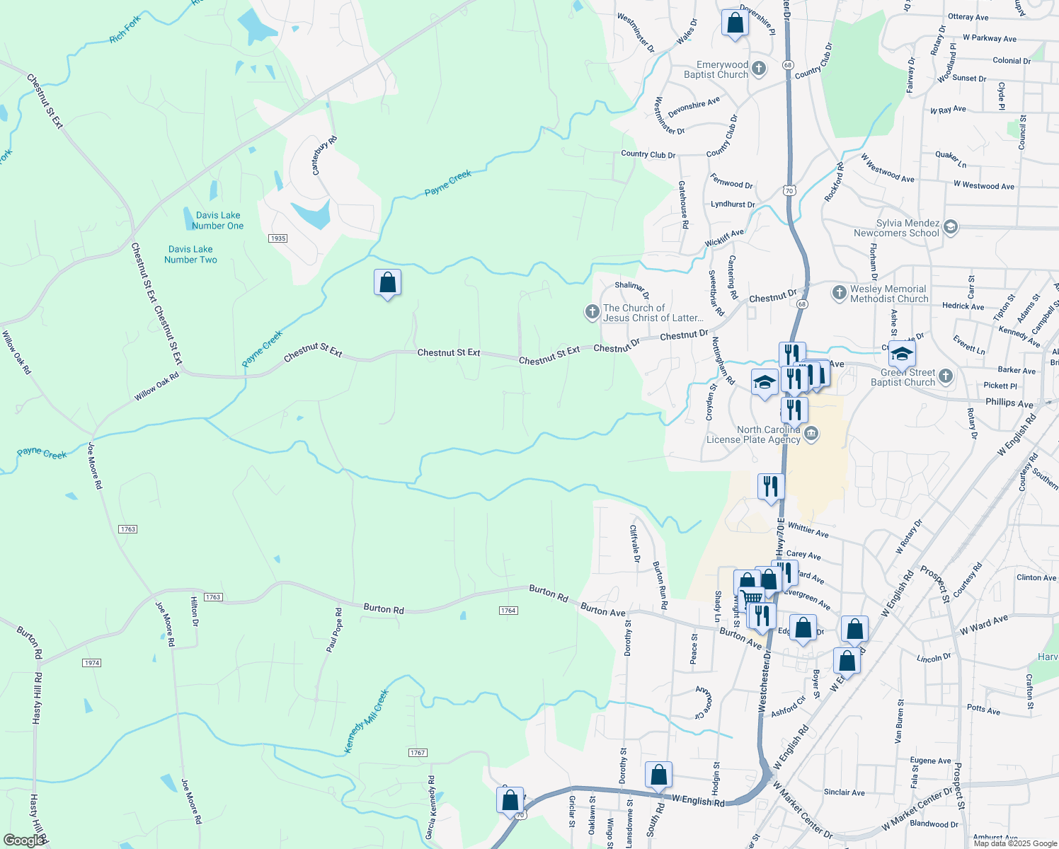 map of restaurants, bars, coffee shops, grocery stores, and more near 2248 Cambridge Oaks Drive in High Point