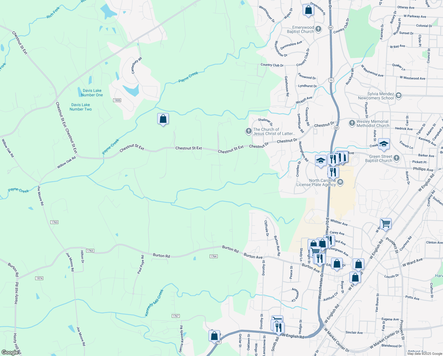 map of restaurants, bars, coffee shops, grocery stores, and more near 2248 Cambridge Oaks Drive in High Point