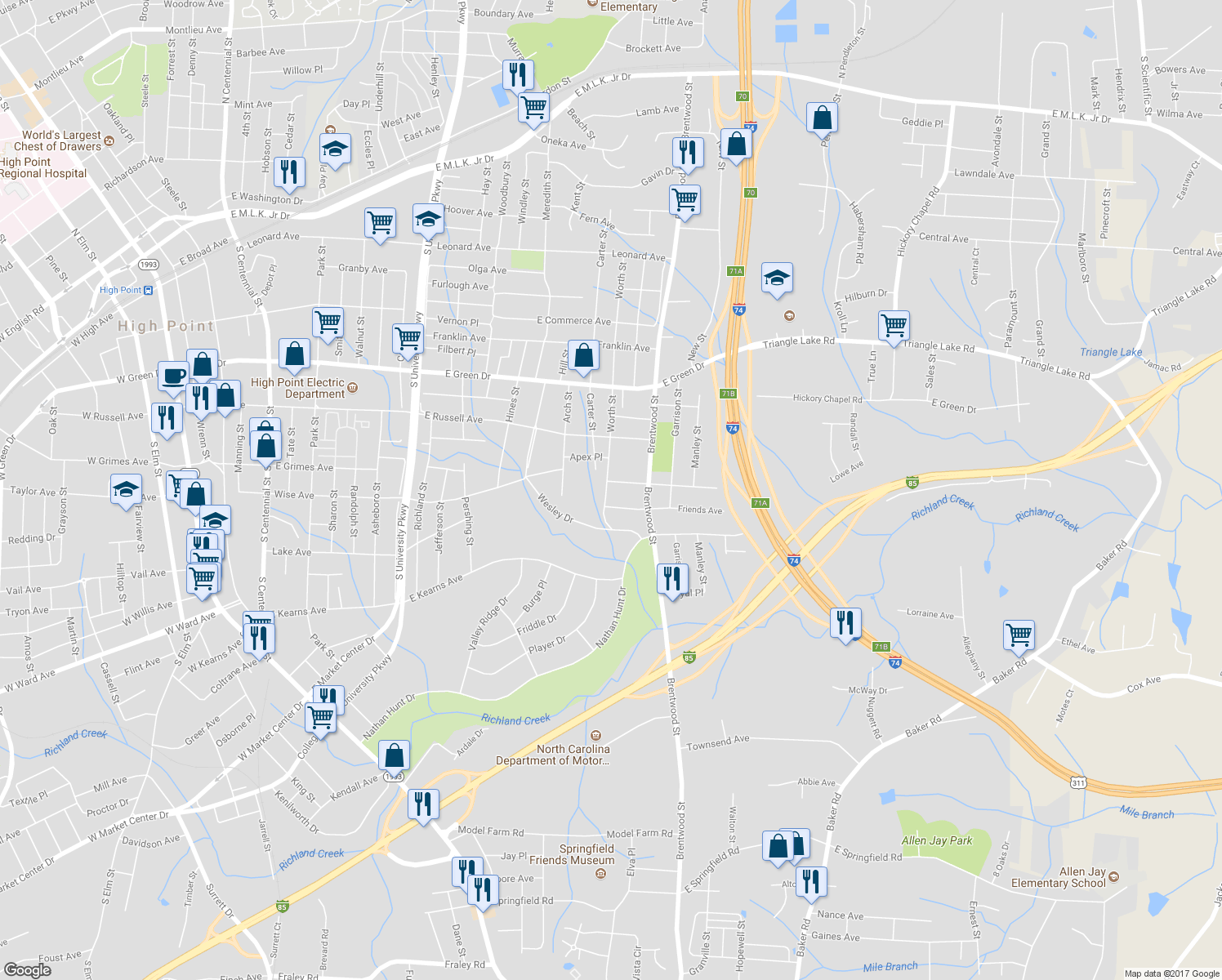 map of restaurants, bars, coffee shops, grocery stores, and more near 1603 Worth Street in High Point