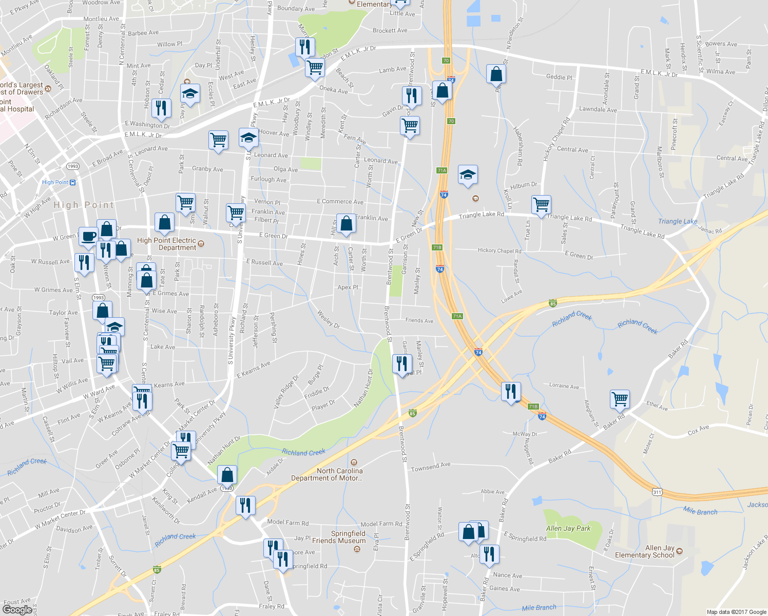 map of restaurants, bars, coffee shops, grocery stores, and more near 1502 Brentwood Street in High Point