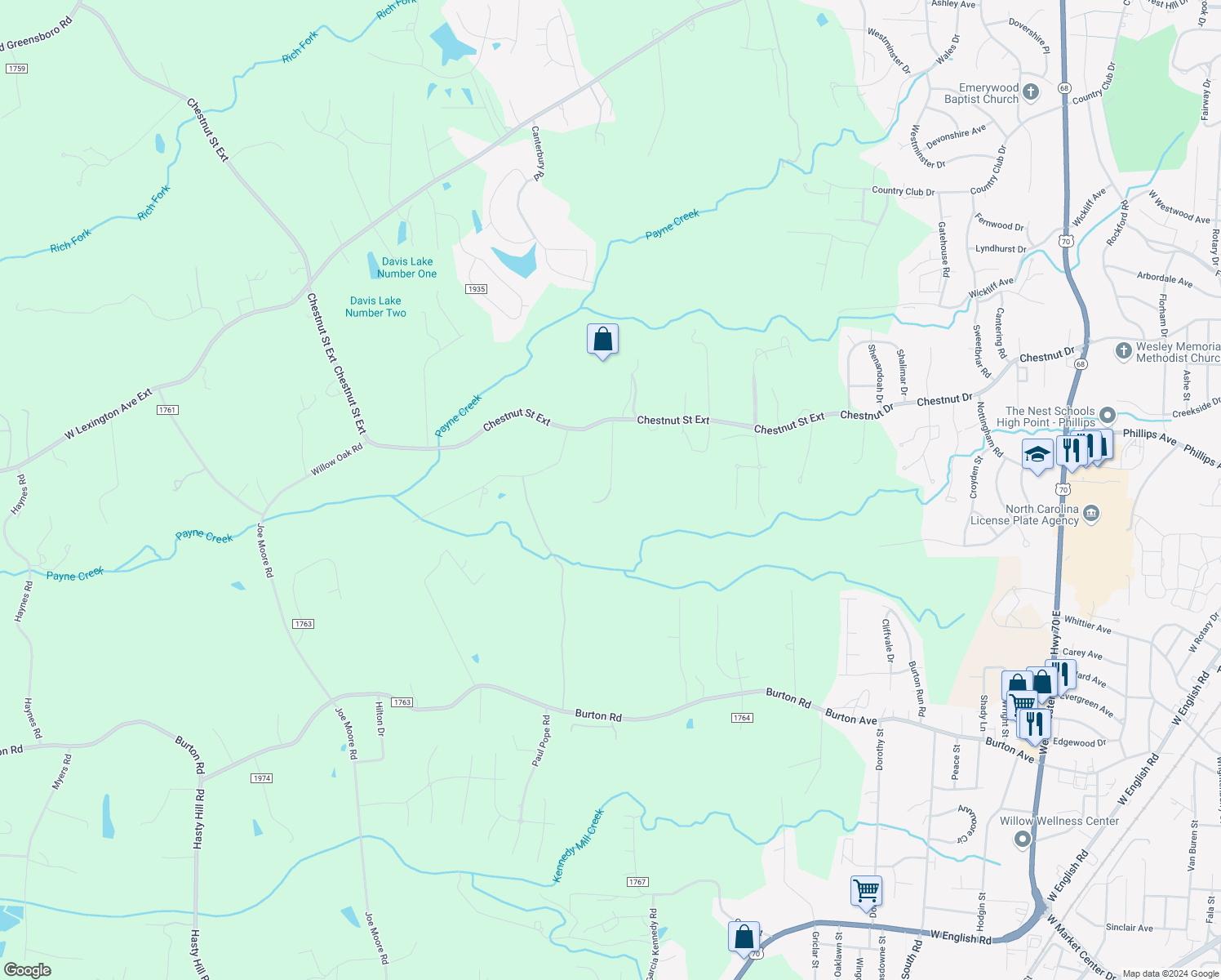 map of restaurants, bars, coffee shops, grocery stores, and more near 201 Deerfield Drive in High Point