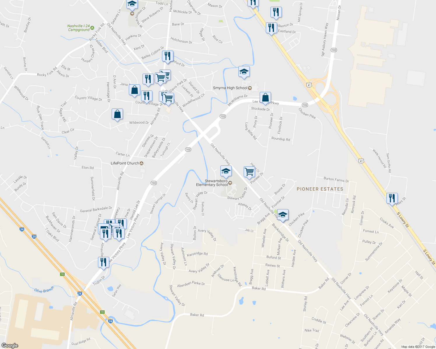 map of restaurants, bars, coffee shops, grocery stores, and more near 1012 Rosemont Terrace in Smyrna