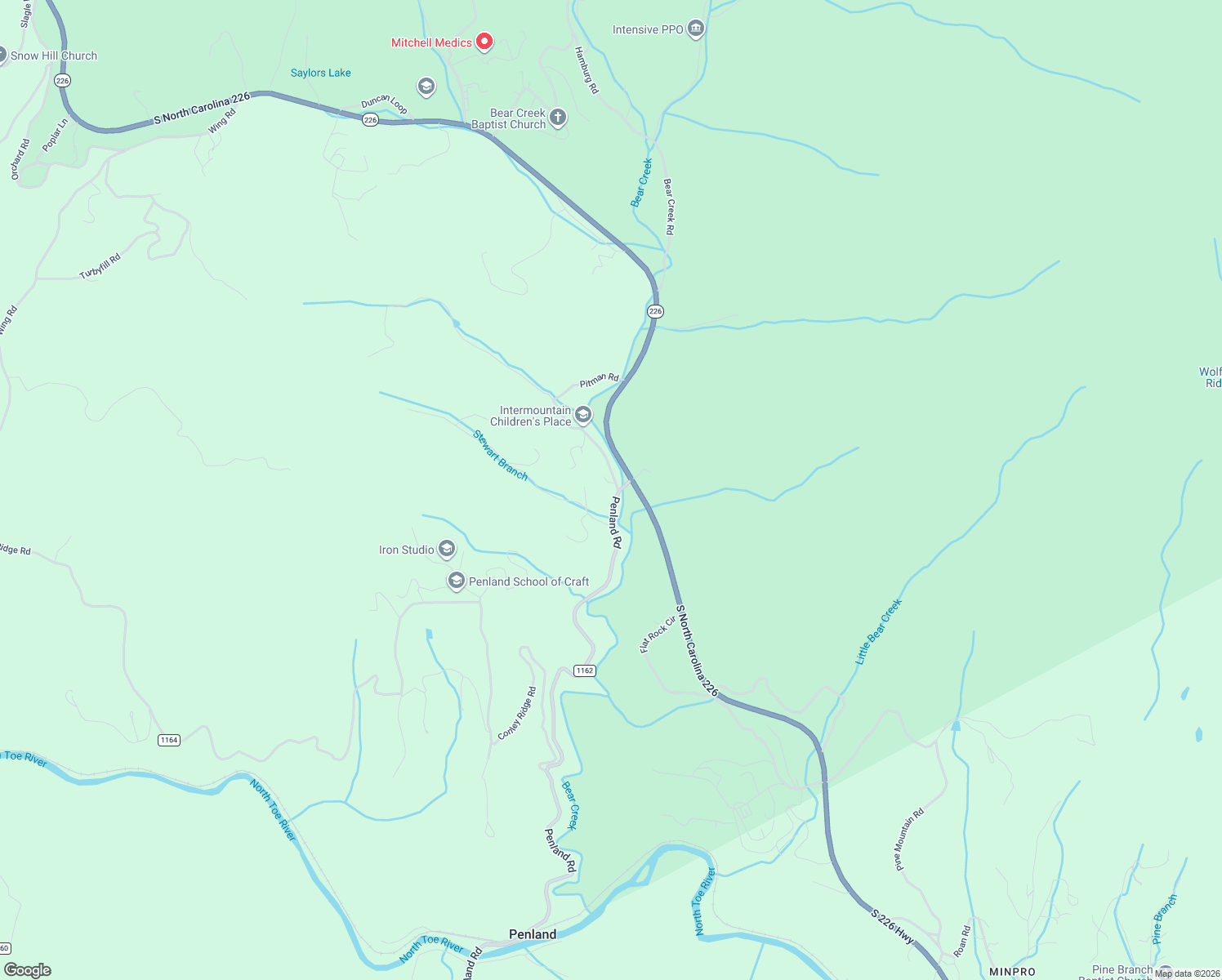 map of restaurants, bars, coffee shops, grocery stores, and more near 92 Stewart Road in Bakersville