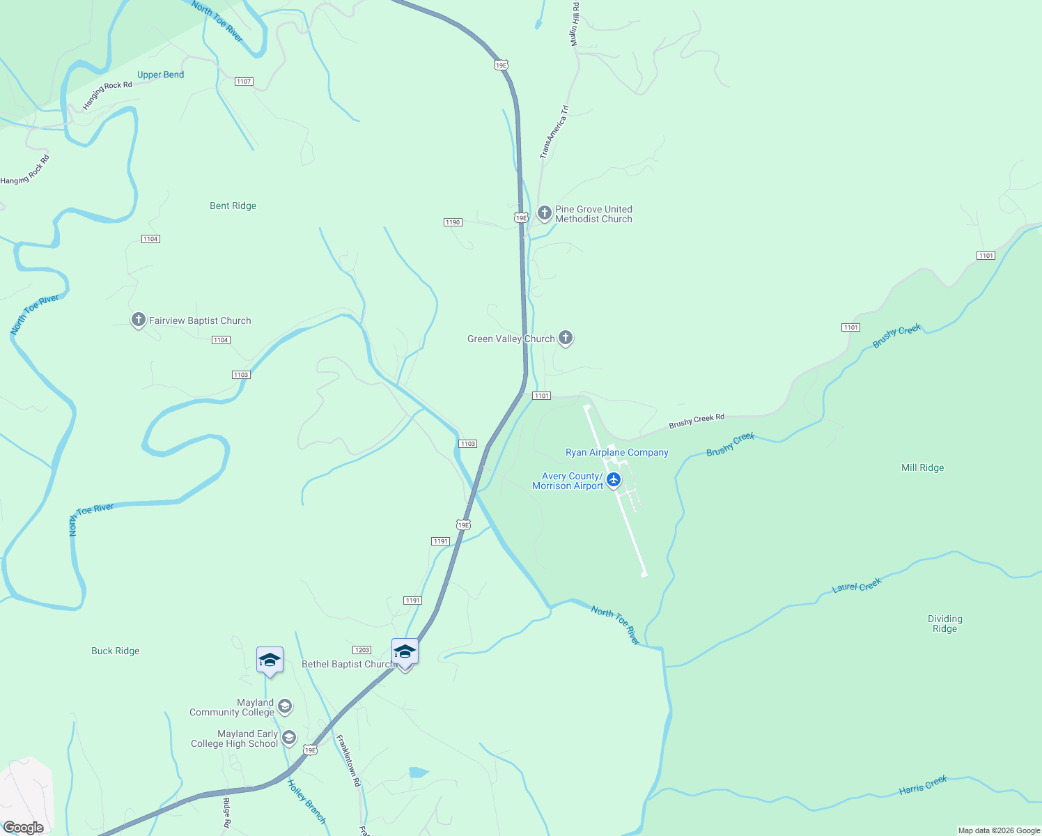 map of restaurants, bars, coffee shops, grocery stores, and more near 86 State Road 1101 in Spruce Pine