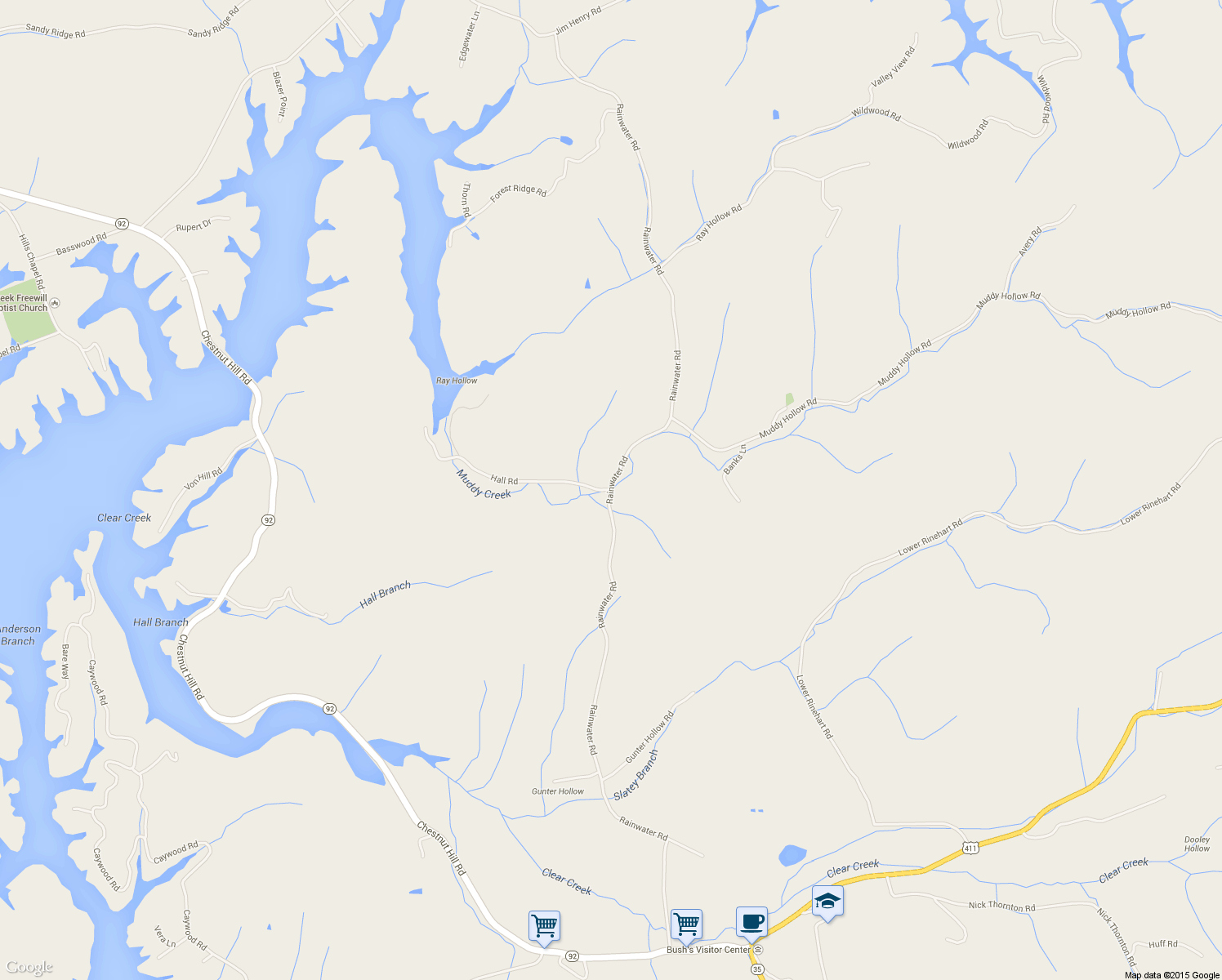 map of restaurants, bars, coffee shops, grocery stores, and more near 2301 Hall Road in Dandridge