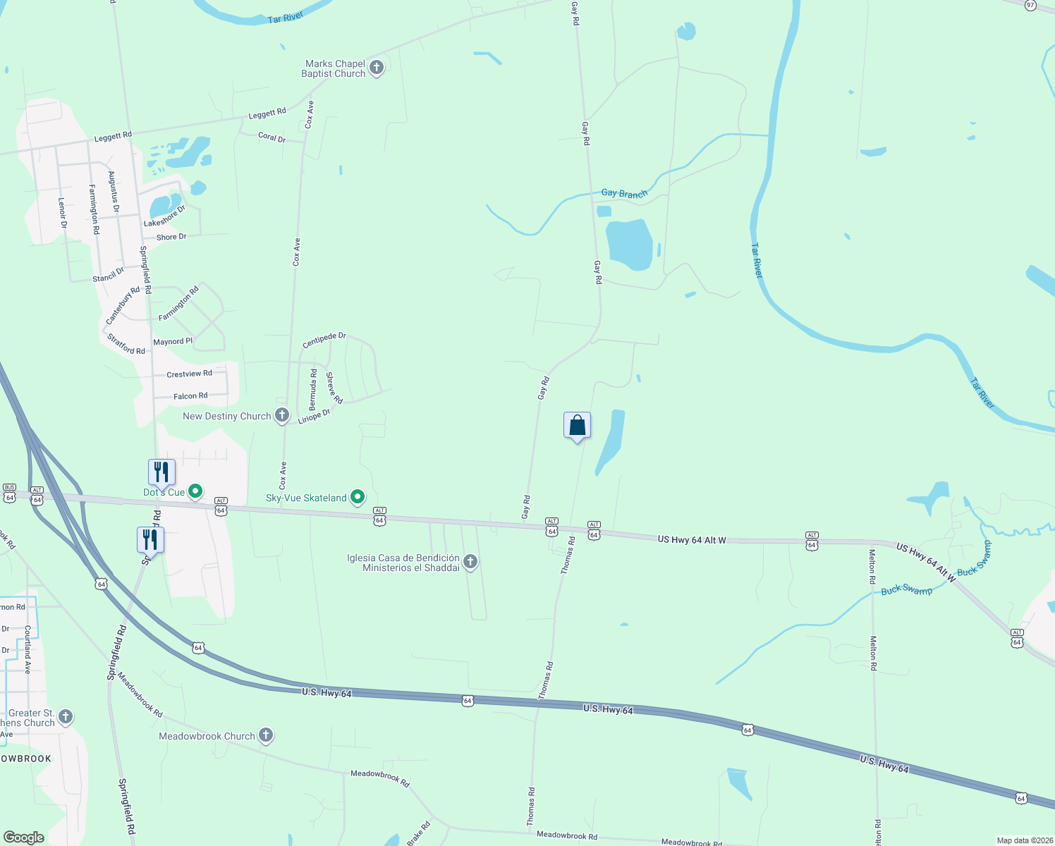 map of restaurants, bars, coffee shops, grocery stores, and more near 1028 Gay Road in Rocky Mount