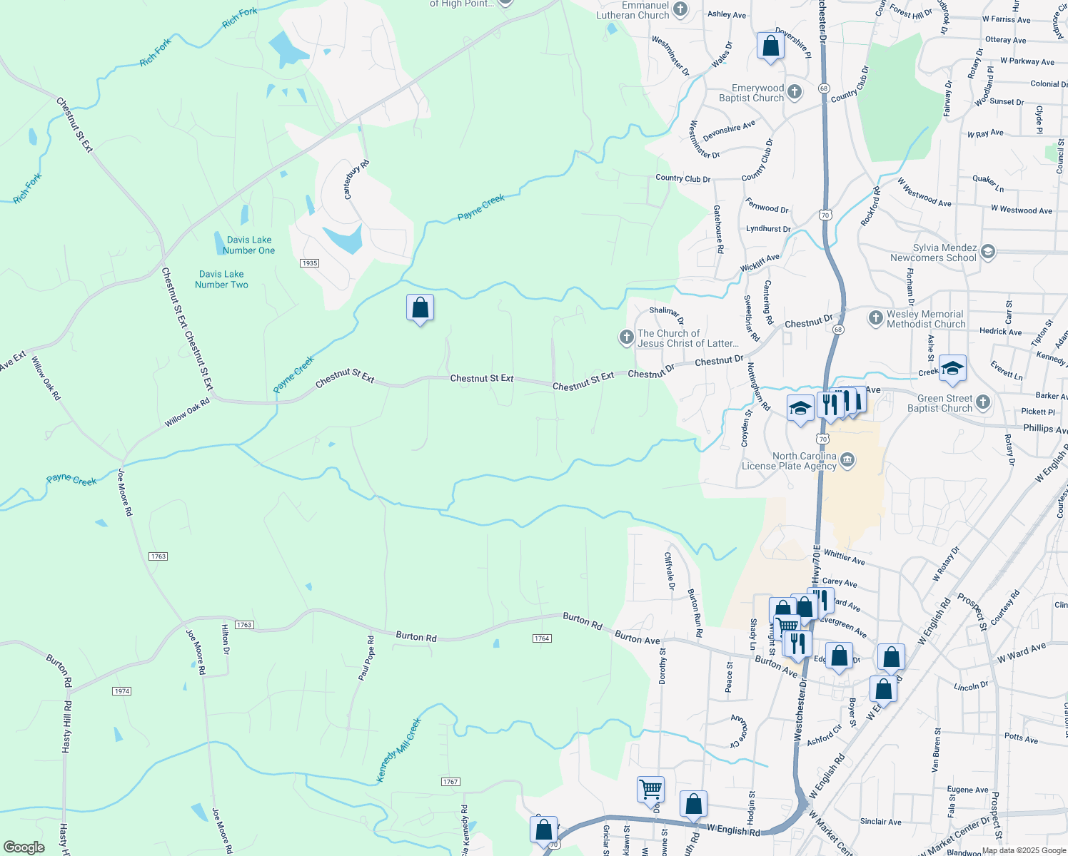 map of restaurants, bars, coffee shops, grocery stores, and more near 2251 Renaissance Lane in High Point