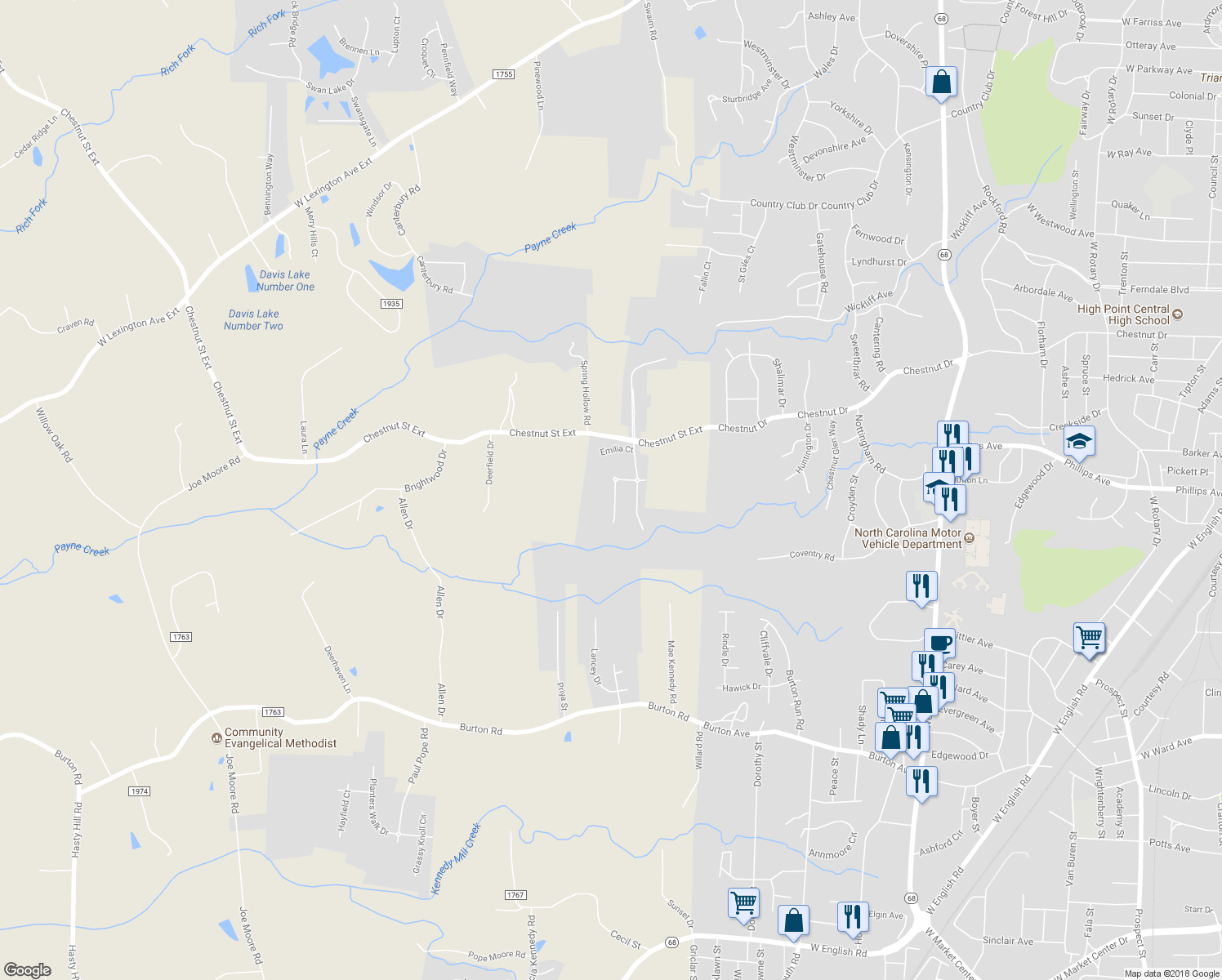 map of restaurants, bars, coffee shops, grocery stores, and more near 2251 Renaissance Lane in High Point