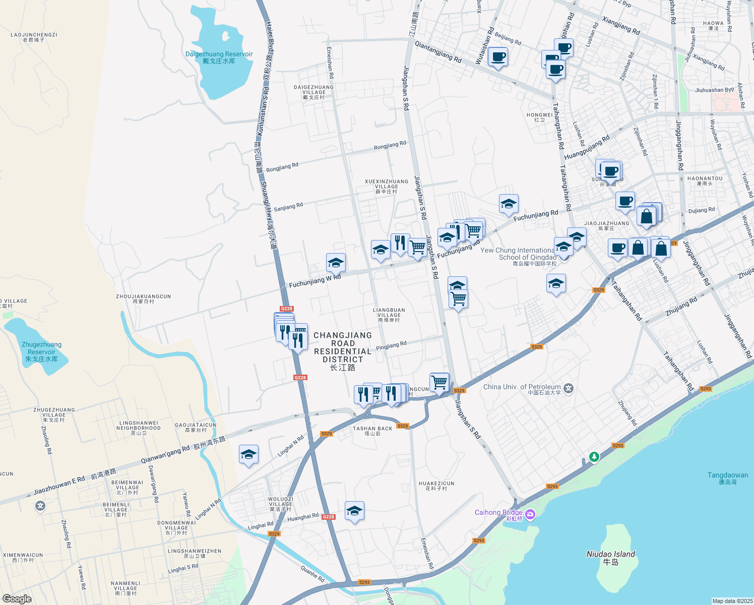 map of restaurants, bars, coffee shops, grocery stores, and more near E Mei Shan Lu in Qing Dao Shi