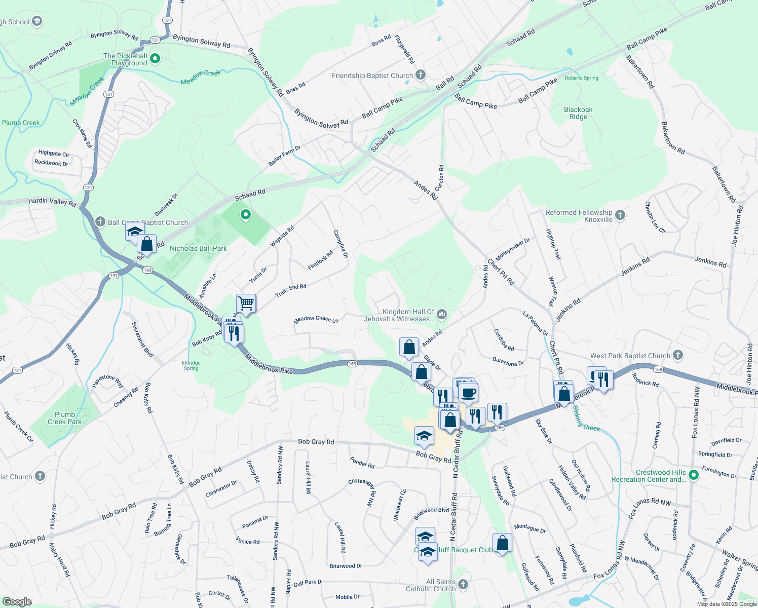map of restaurants, bars, coffee shops, grocery stores, and more near 9126 Candle Pine Drive in Knoxville