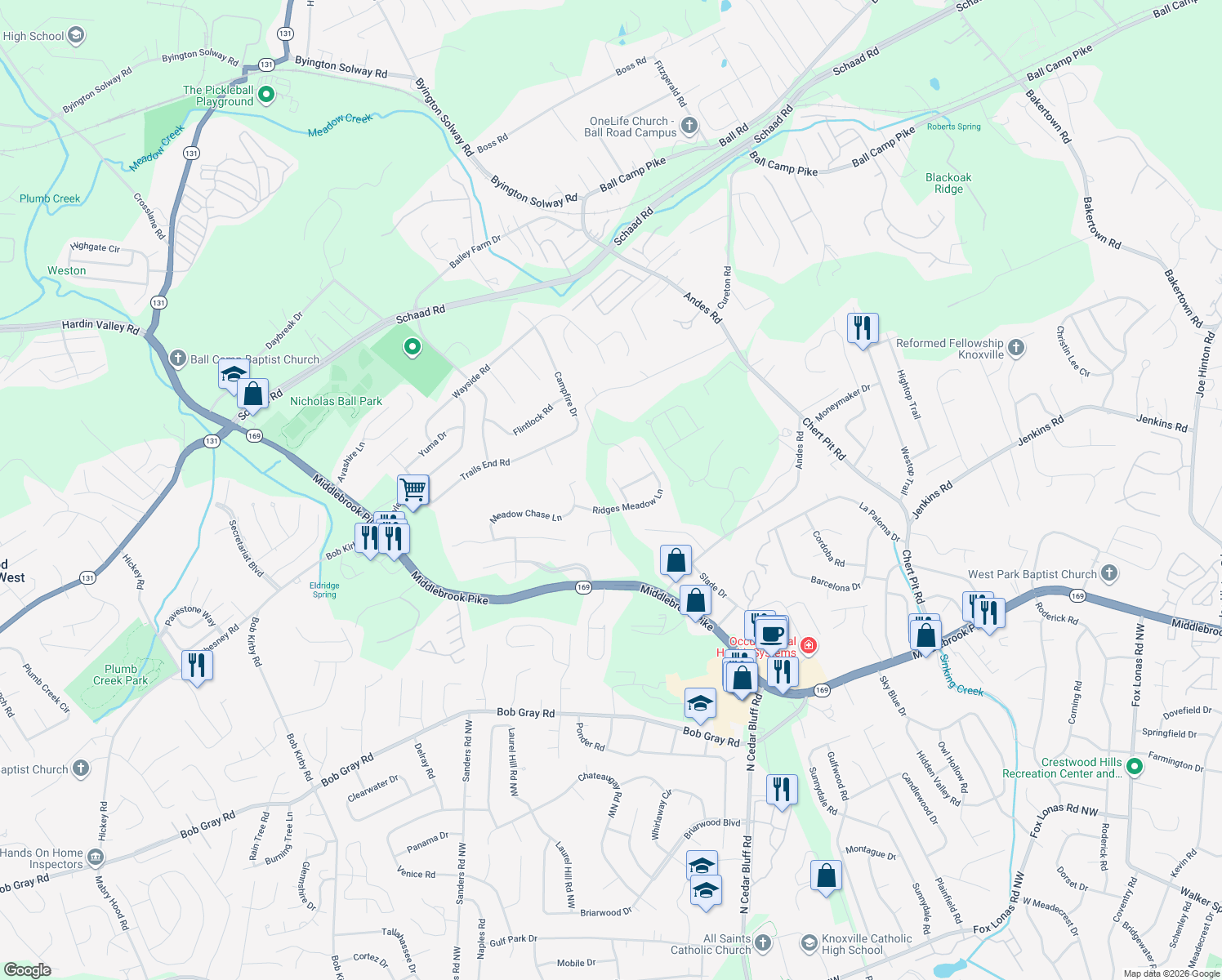 map of restaurants, bars, coffee shops, grocery stores, and more near 1621 Briarfield Lane in Knoxville