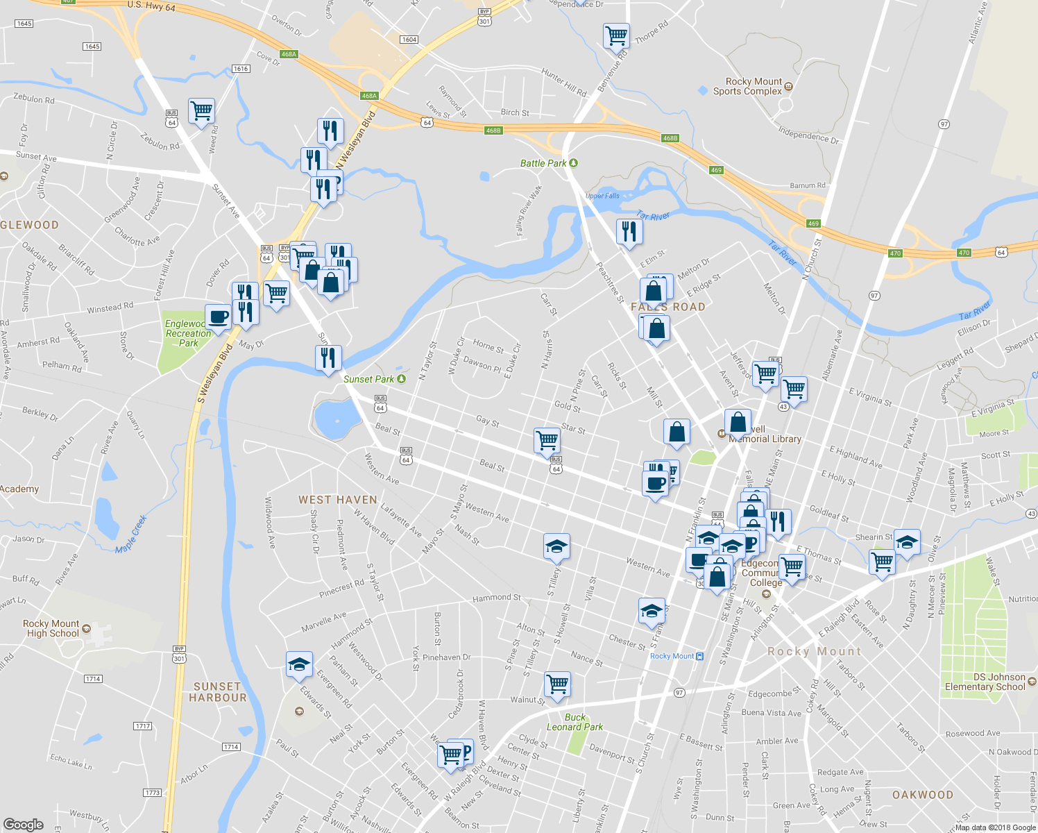 map of restaurants, bars, coffee shops, grocery stores, and more near 1109 Star Street in Rocky Mount