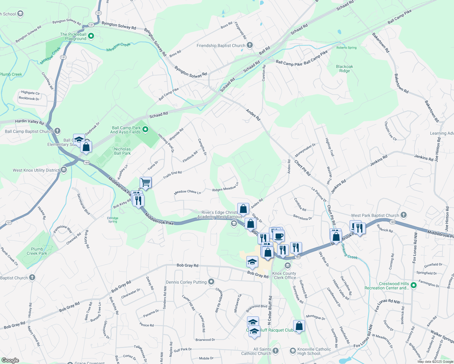 map of restaurants, bars, coffee shops, grocery stores, and more near 9120 Candle Pine Drive in Knoxville