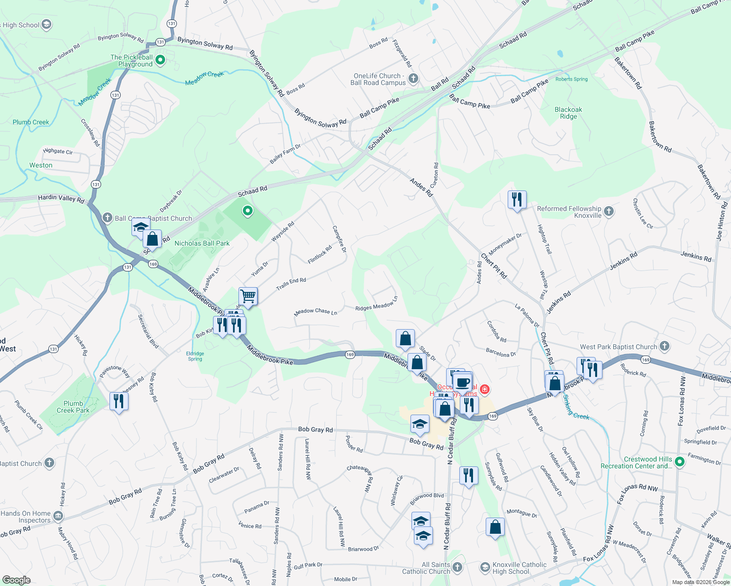 map of restaurants, bars, coffee shops, grocery stores, and more near 1621 Briarfield Lane in Knoxville