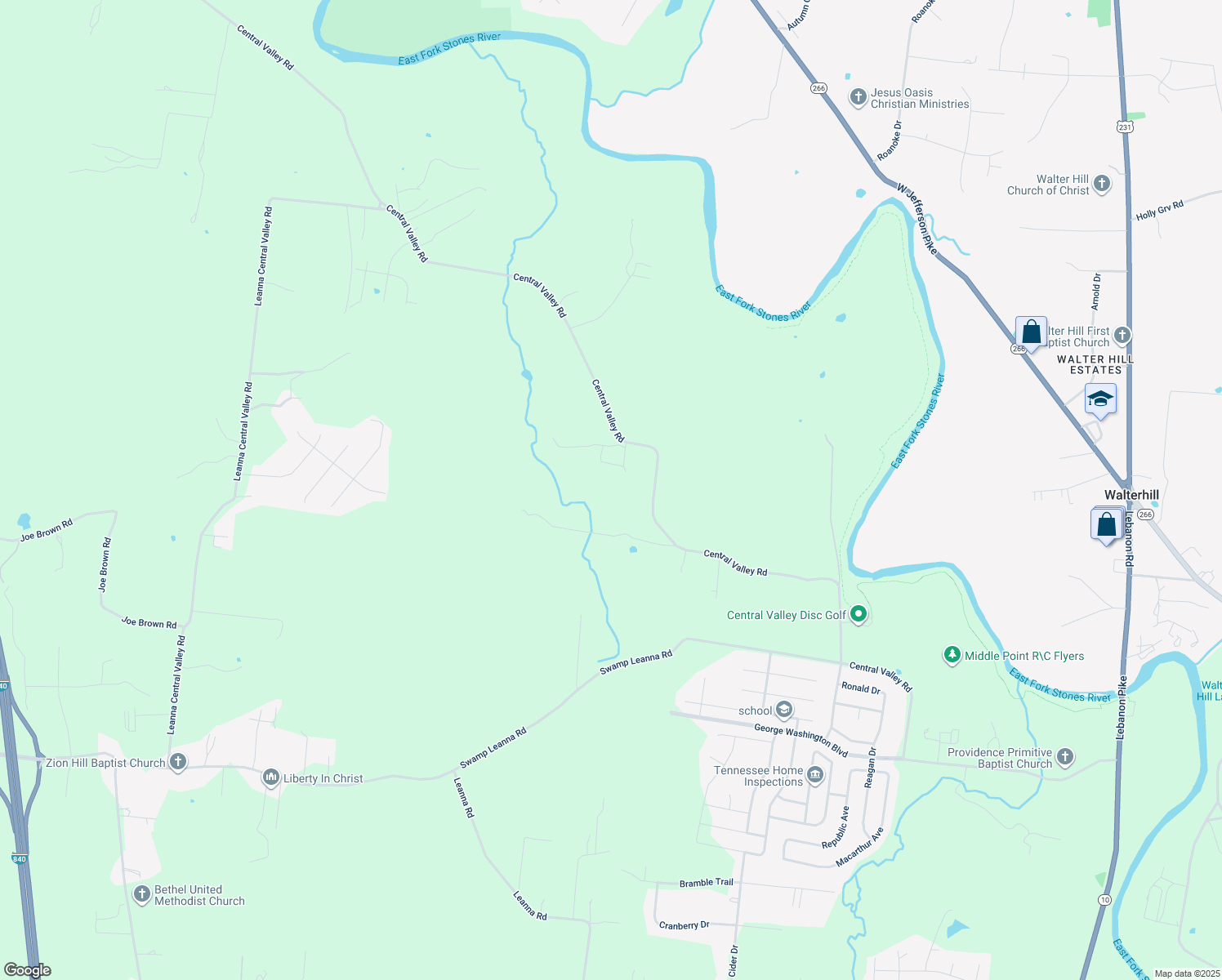 map of restaurants, bars, coffee shops, grocery stores, and more near 1933 Central Valley Road in Murfreesboro