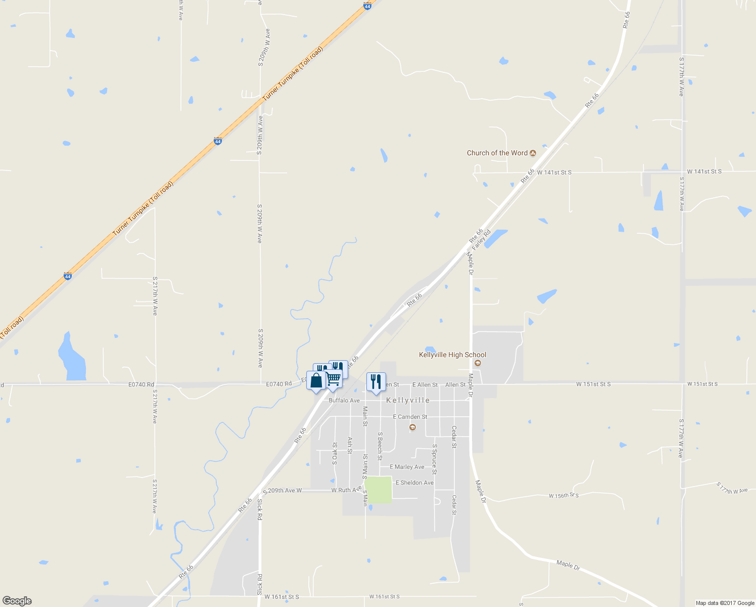 map of restaurants, bars, coffee shops, grocery stores, and more near 19917 Oklahoma 66 in Kellyville