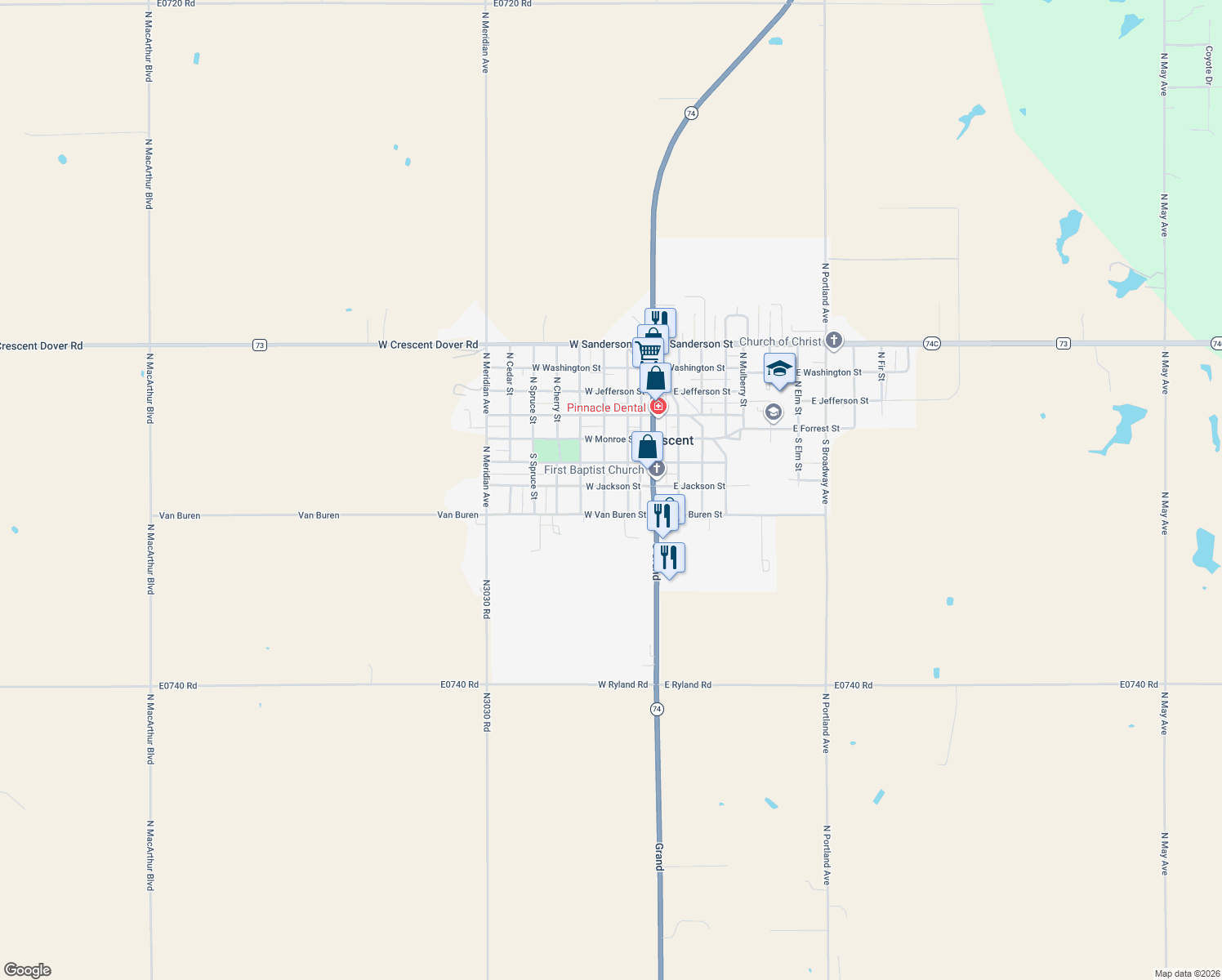 map of restaurants, bars, coffee shops, grocery stores, and more near 316 South Walnut Street in Crescent