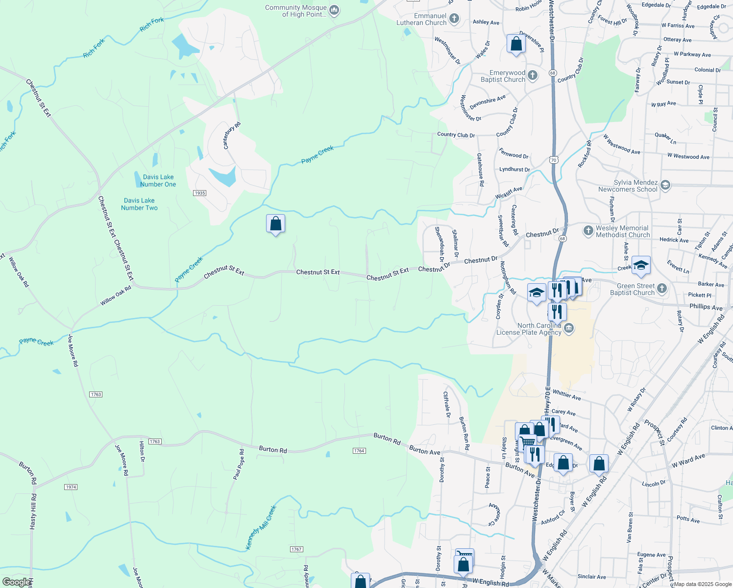 map of restaurants, bars, coffee shops, grocery stores, and more near 2289 Cambridge Oaks Drive in High Point