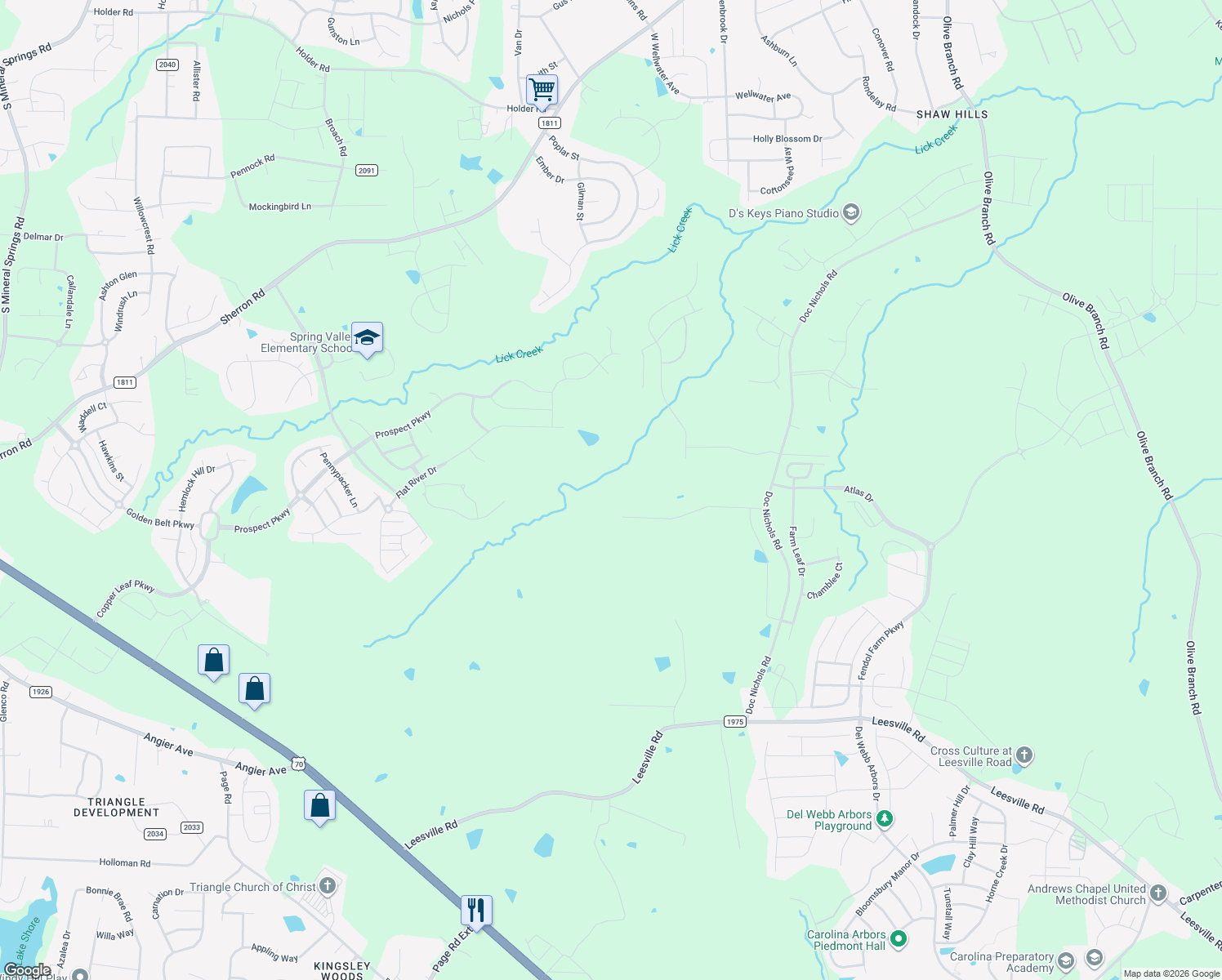 map of restaurants, bars, coffee shops, grocery stores, and more near 6324 Kinard Road in Durham