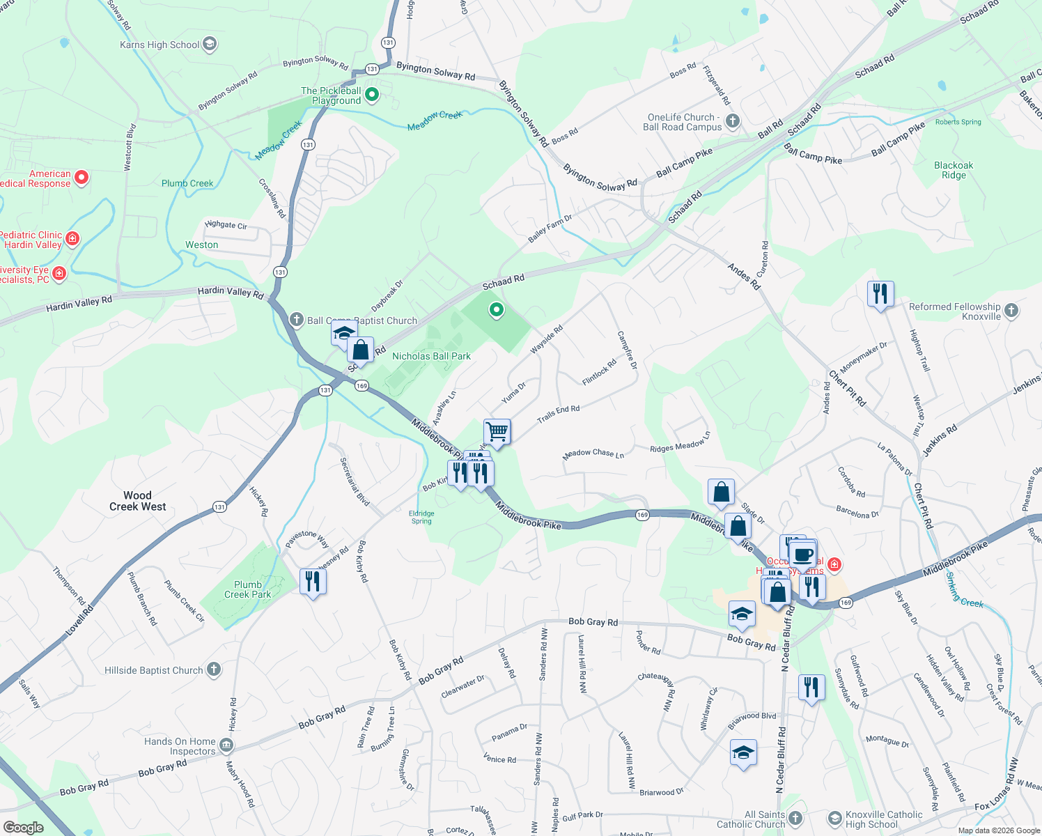 map of restaurants, bars, coffee shops, grocery stores, and more near 9562 Hoyle Beals Drive in Knoxville