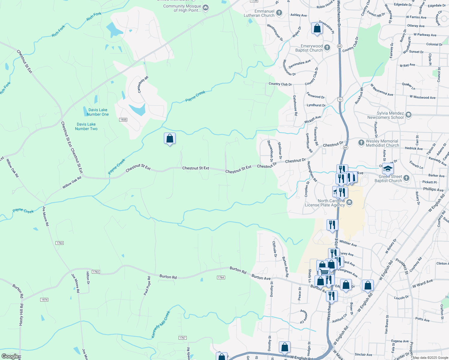 map of restaurants, bars, coffee shops, grocery stores, and more near 2289 Cambridge Oaks Drive in High Point