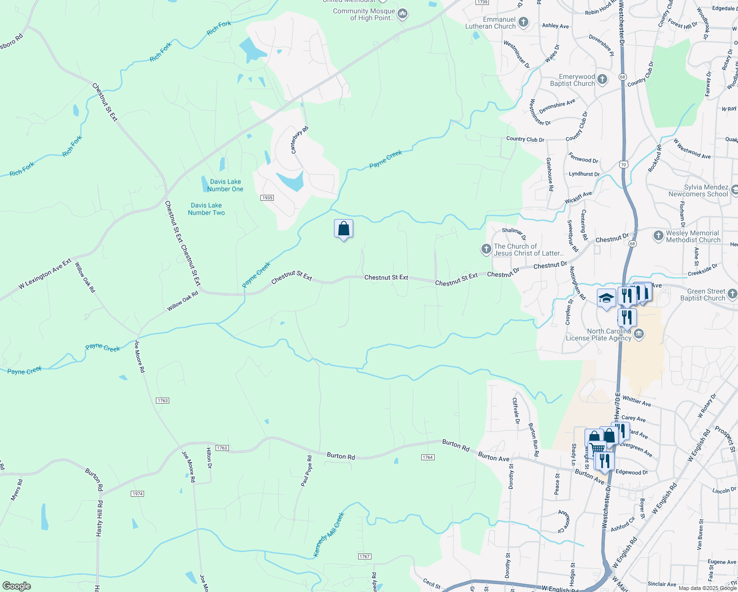 map of restaurants, bars, coffee shops, grocery stores, and more near 2013A Chestnut Street Extension in High Point