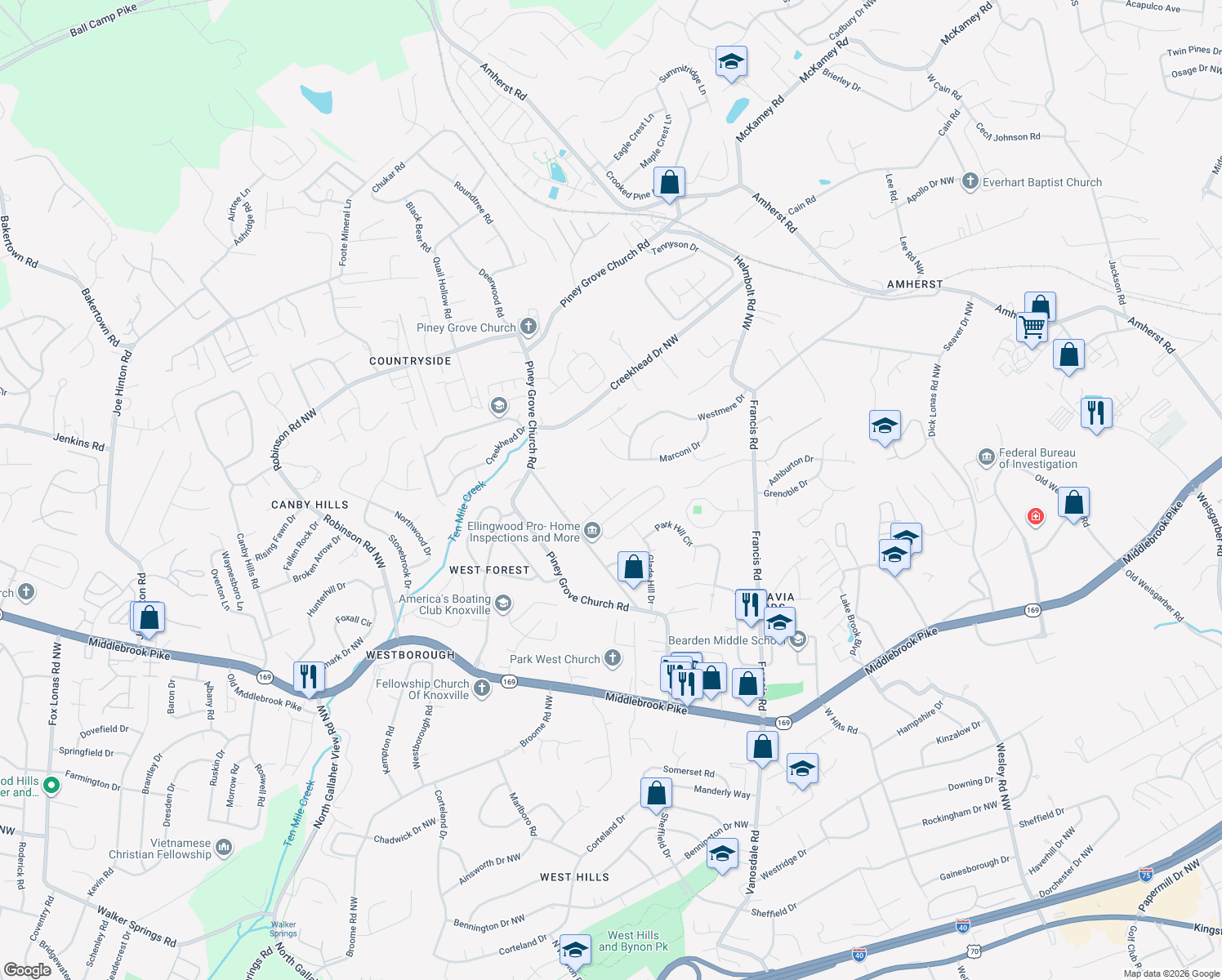 map of restaurants, bars, coffee shops, grocery stores, and more near 1725 Pinebrook Drive Northwest in Knoxville