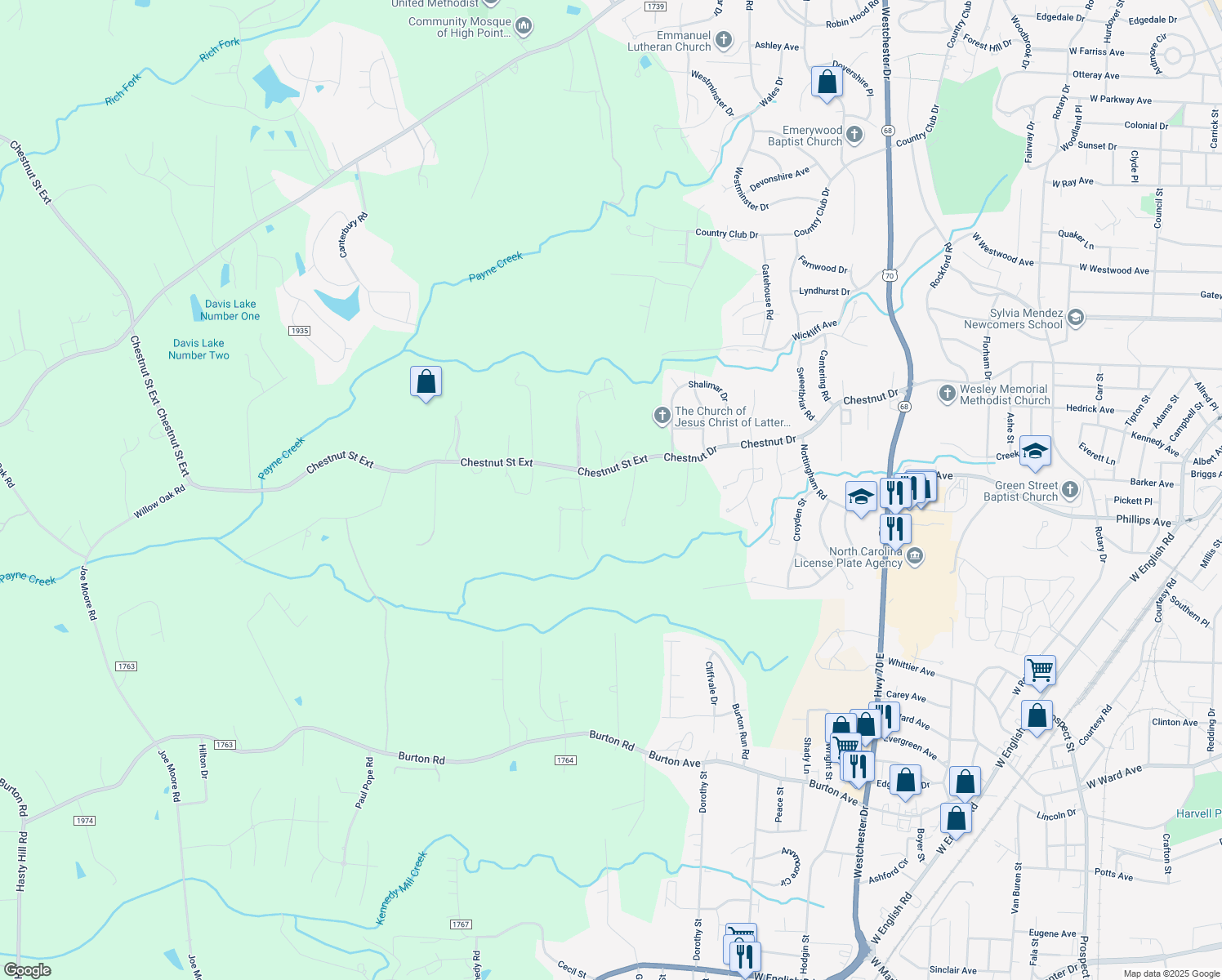 map of restaurants, bars, coffee shops, grocery stores, and more near 1931 Chestnut Street Extension in High Point
