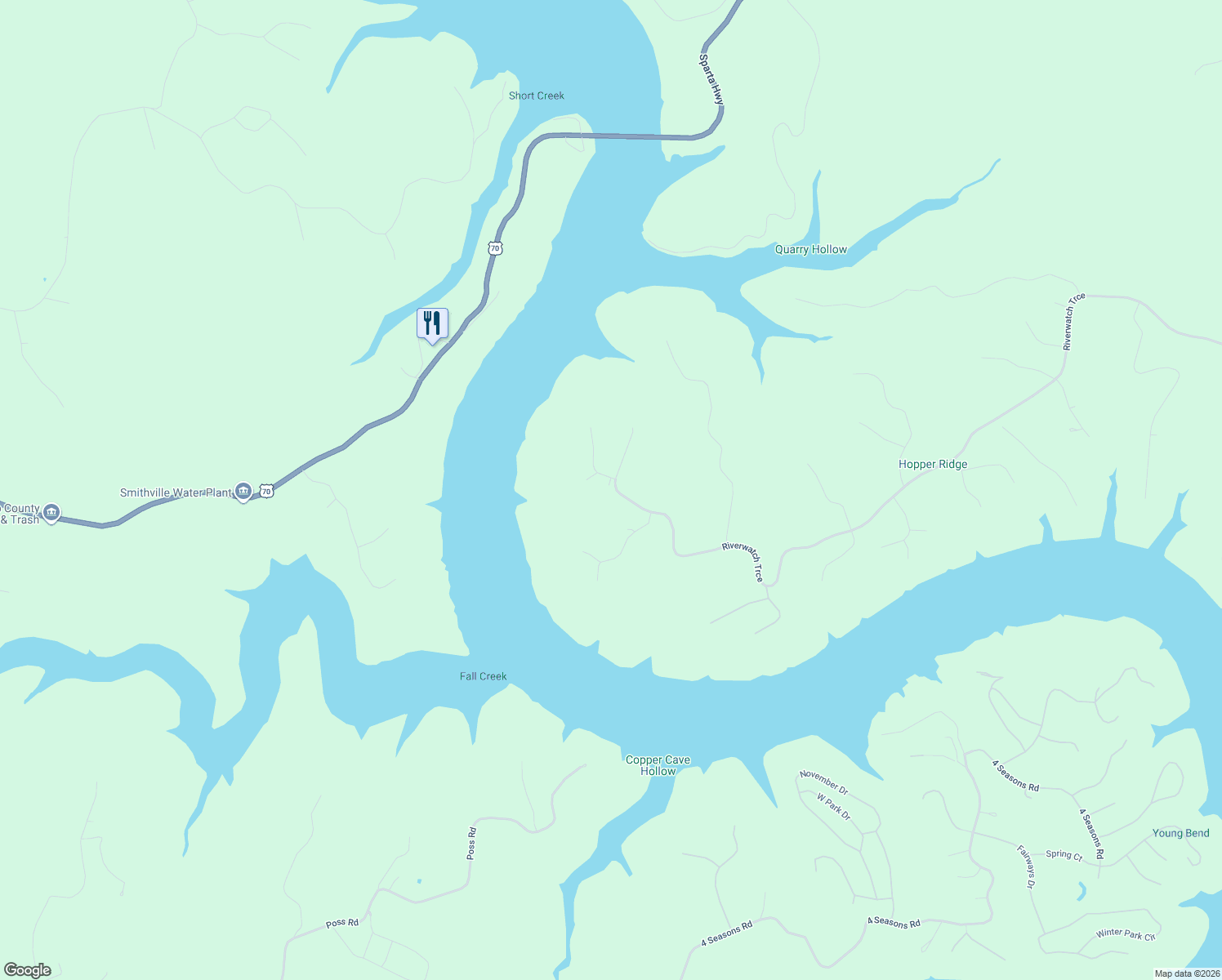 map of restaurants, bars, coffee shops, grocery stores, and more near 1005 Riverwatch Trce in Sparta