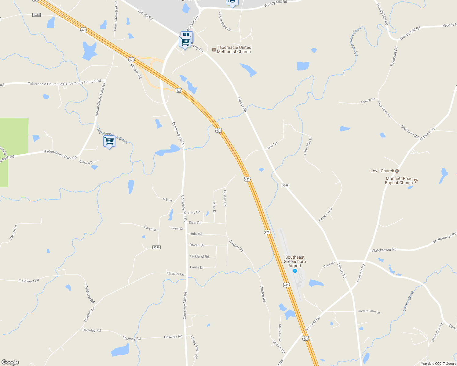 map of restaurants, bars, coffee shops, grocery stores, and more near 6311 Dusten Road in Climax