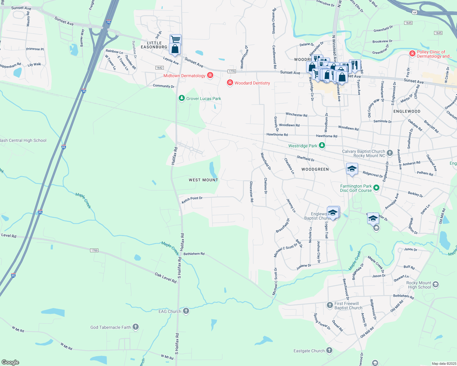 map of restaurants, bars, coffee shops, grocery stores, and more near 4005 Hampton Drive in Rocky Mount