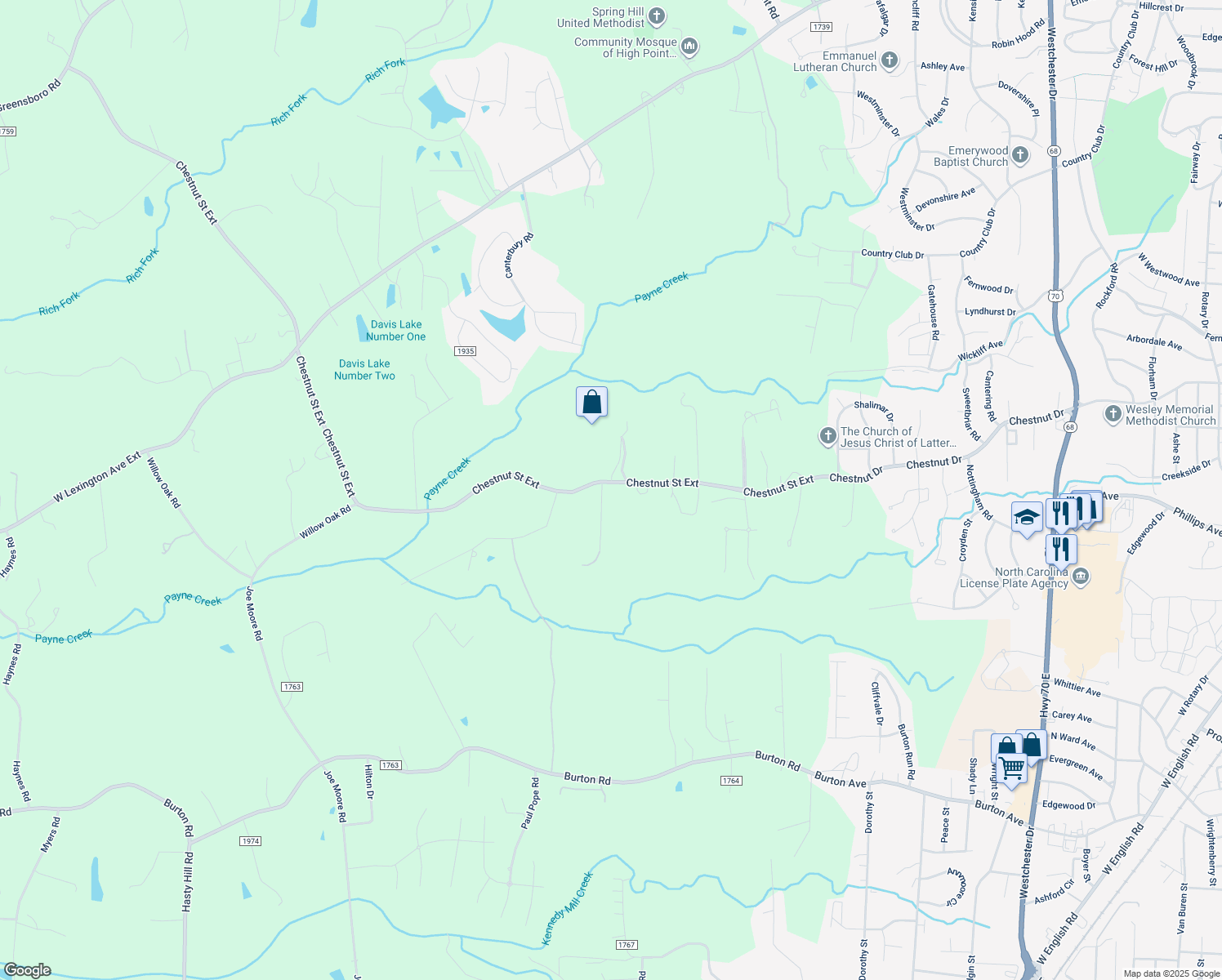 map of restaurants, bars, coffee shops, grocery stores, and more near 325 Deerfield Drive in High Point