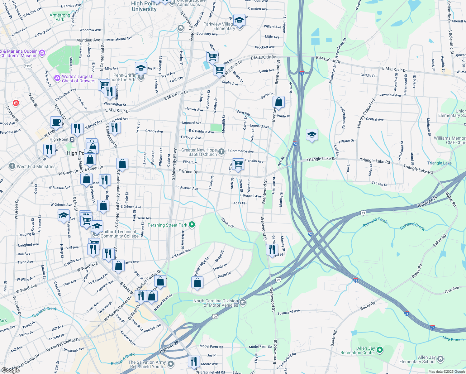 map of restaurants, bars, coffee shops, grocery stores, and more near 619 Arch Street in High Point