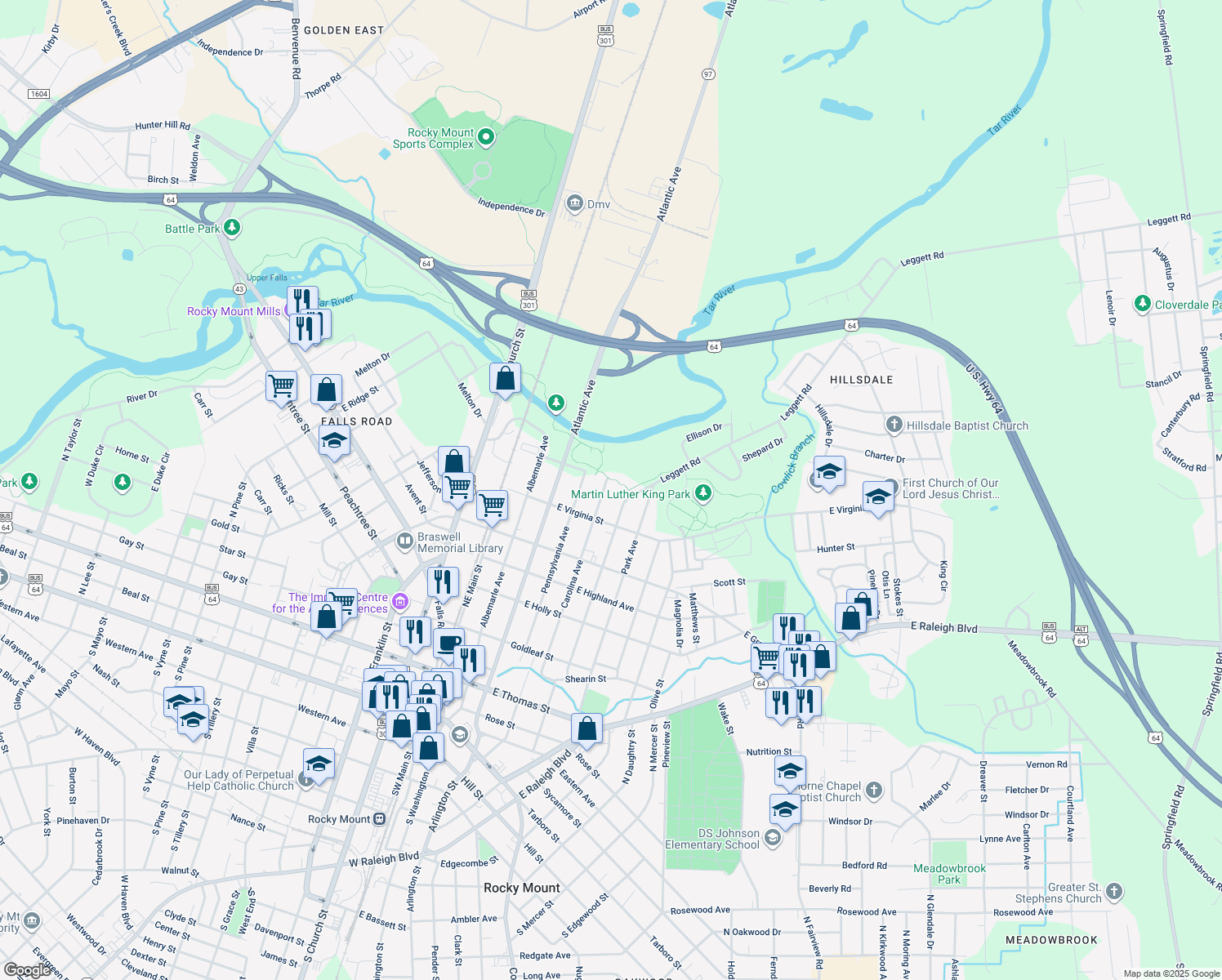 map of restaurants, bars, coffee shops, grocery stores, and more near 731 Carolina Avenue in Rocky Mount