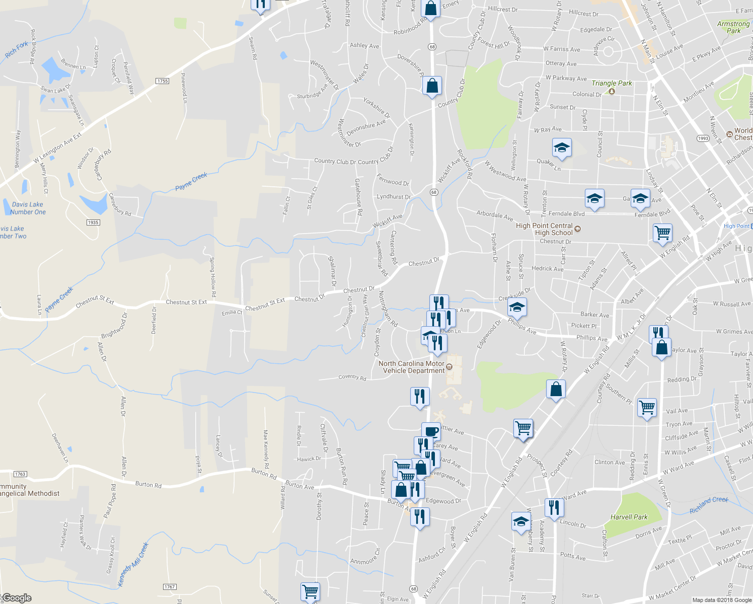map of restaurants, bars, coffee shops, grocery stores, and more near 1500 Brighton Avenue in High Point