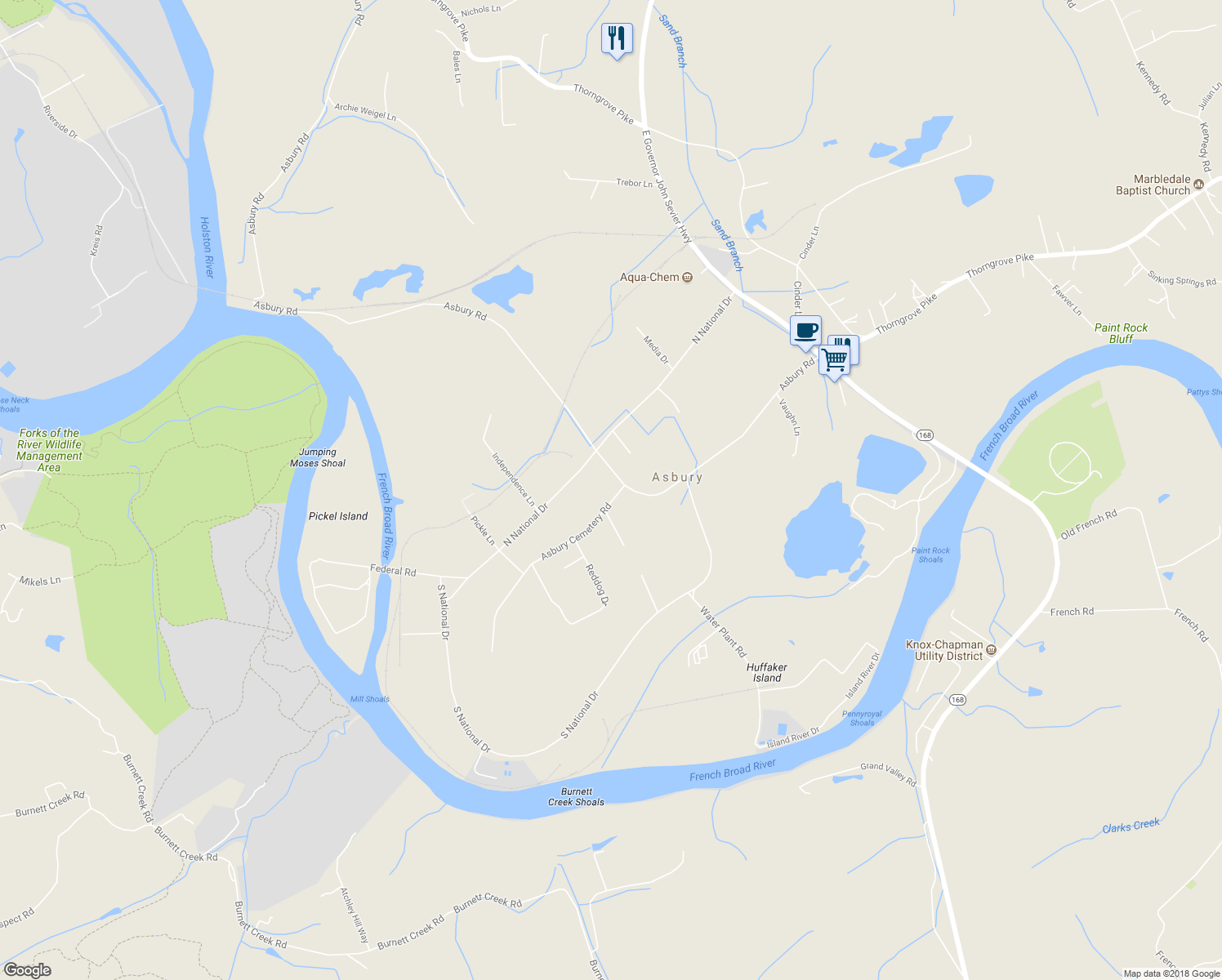 map of restaurants, bars, coffee shops, grocery stores, and more near 2731 Asbury Road in Knoxville