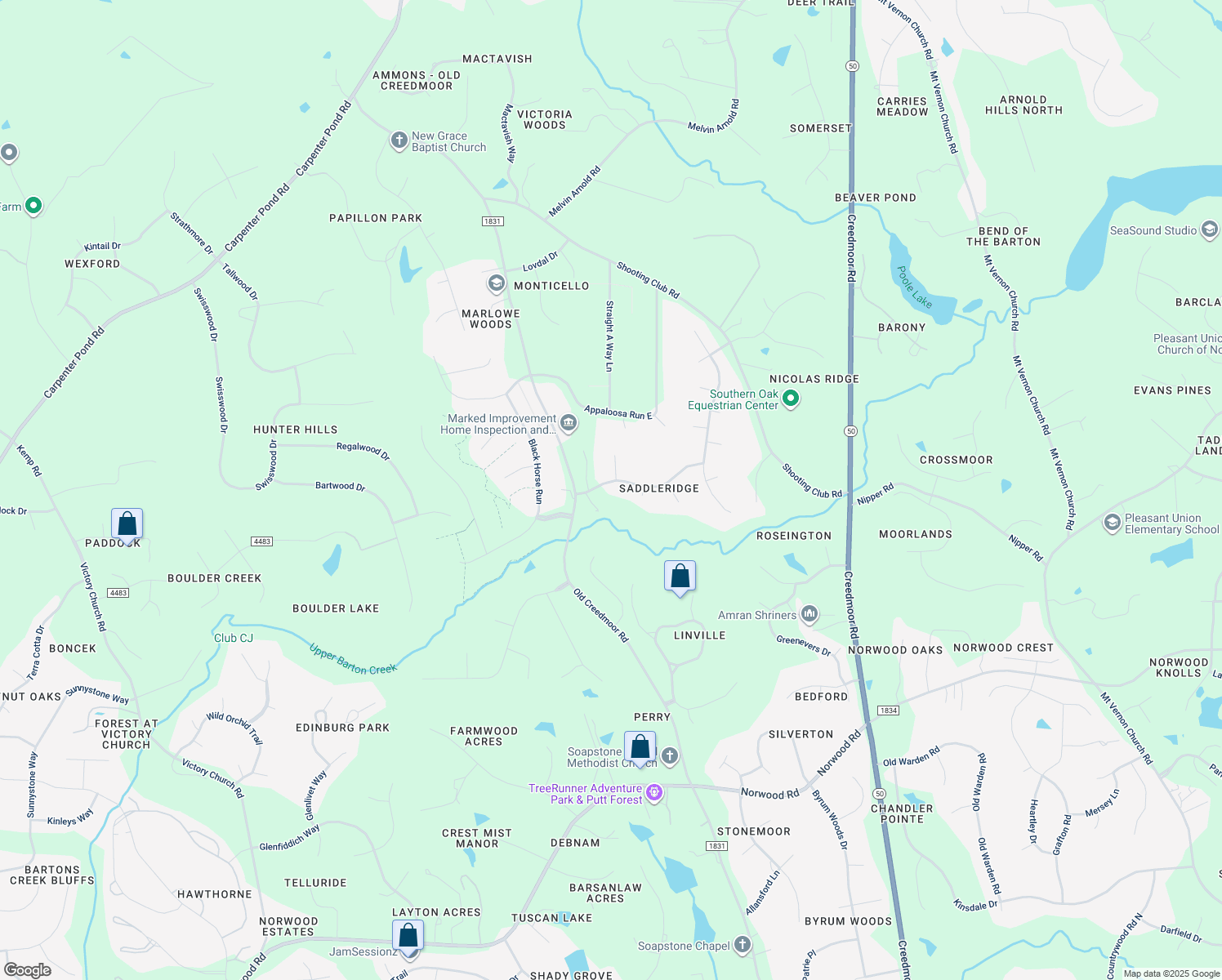 map of restaurants, bars, coffee shops, grocery stores, and more near 1817 Green Downs Drive in Raleigh