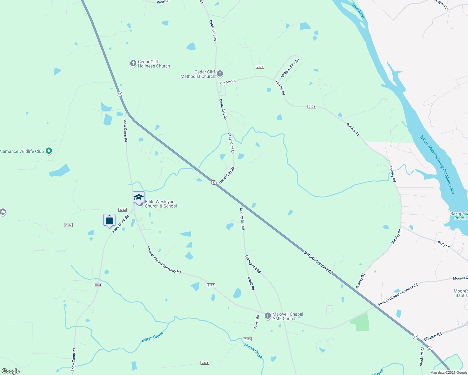 map of restaurants, bars, coffee shops, grocery stores, and more near 5332 Highway 87 in Graham