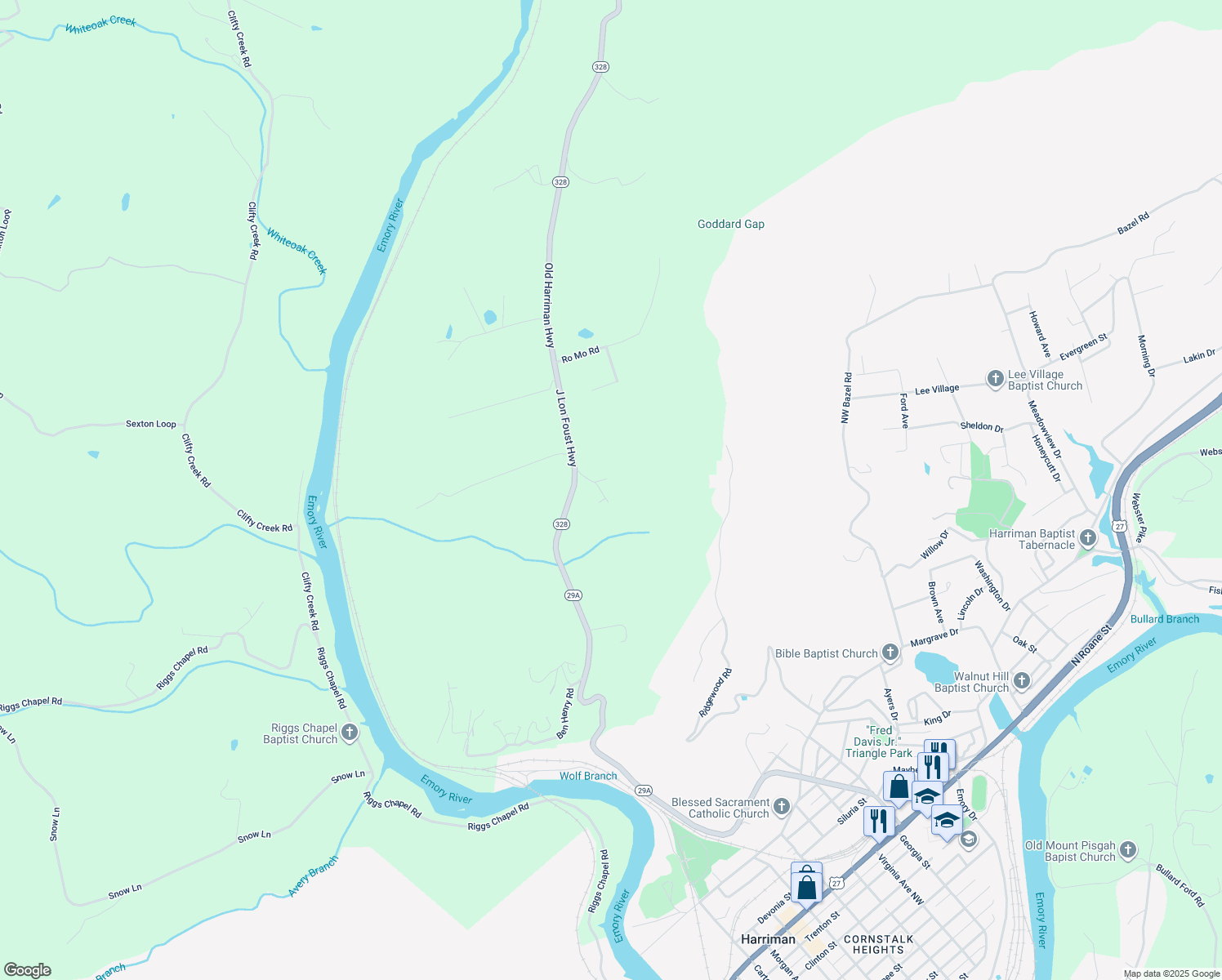 map of restaurants, bars, coffee shops, grocery stores, and more near 2717 Old Harriman Highway in Harriman