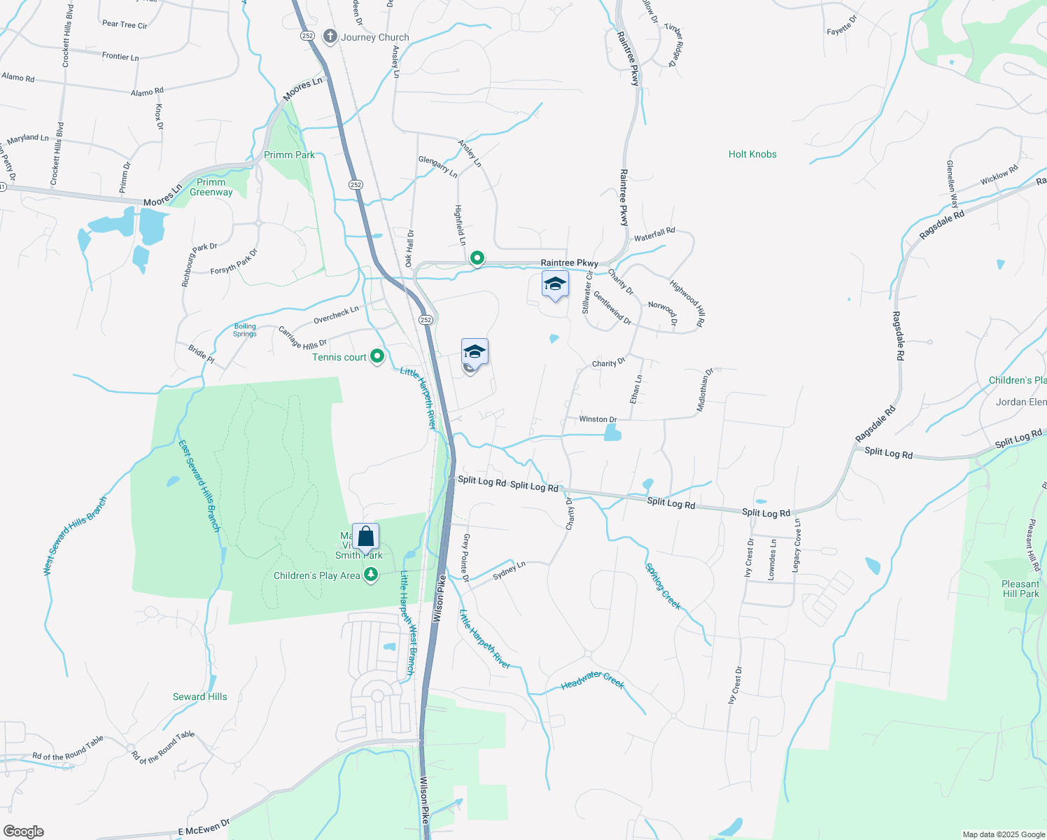 map of restaurants, bars, coffee shops, grocery stores, and more near 9437 Weatherly Dr in Brentwood
