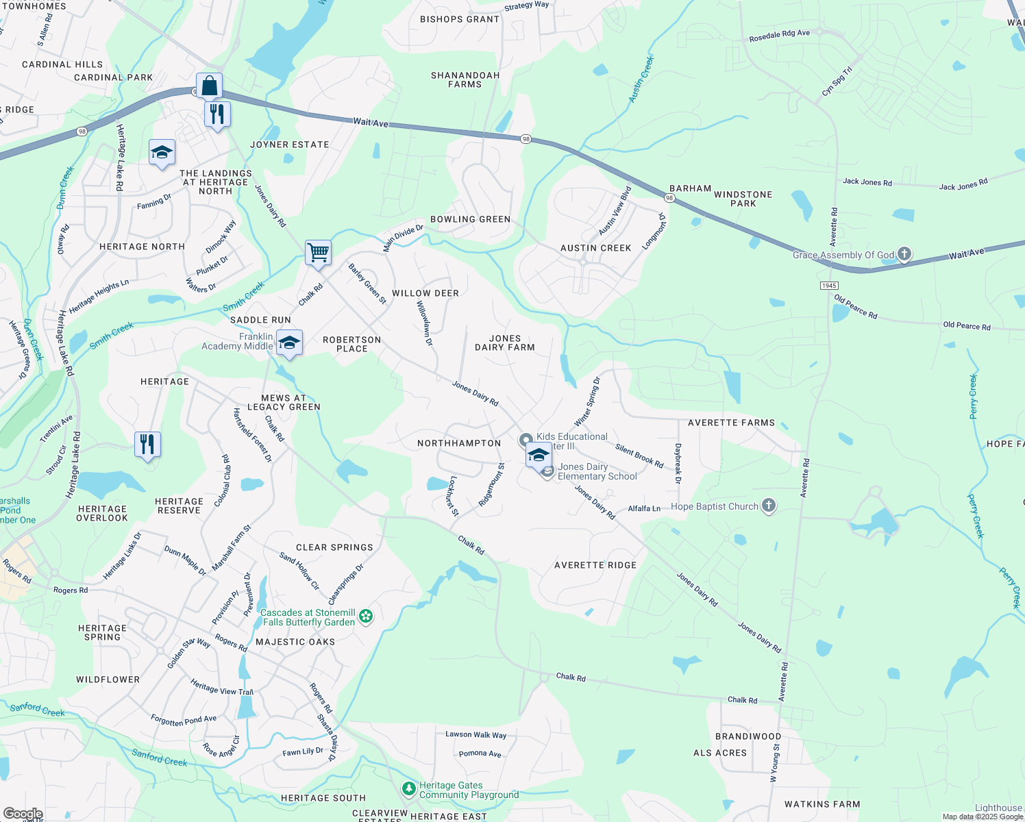 map of restaurants, bars, coffee shops, grocery stores, and more near 1016 Hornbuckle Court in Wake Forest