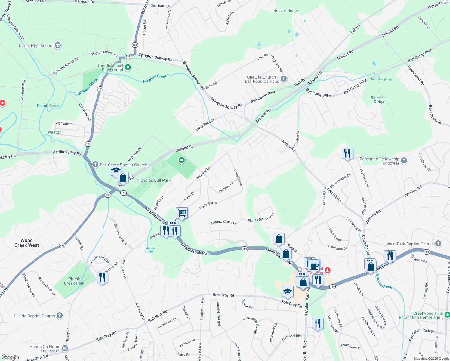 map of restaurants, bars, coffee shops, grocery stores, and more near 1702 Oxbow Ln in Knoxville