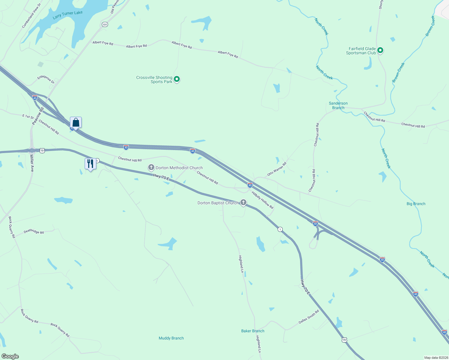 map of restaurants, bars, coffee shops, grocery stores, and more near 1663 Chestnut Hill Road in Crossville
