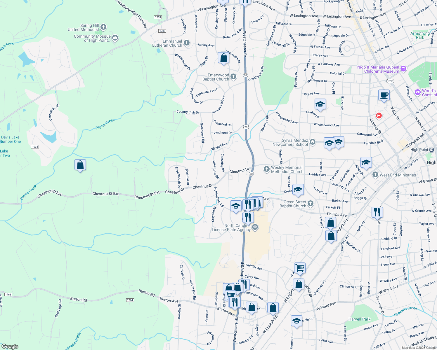 map of restaurants, bars, coffee shops, grocery stores, and more near 1012 Sweetbriar Road in High Point