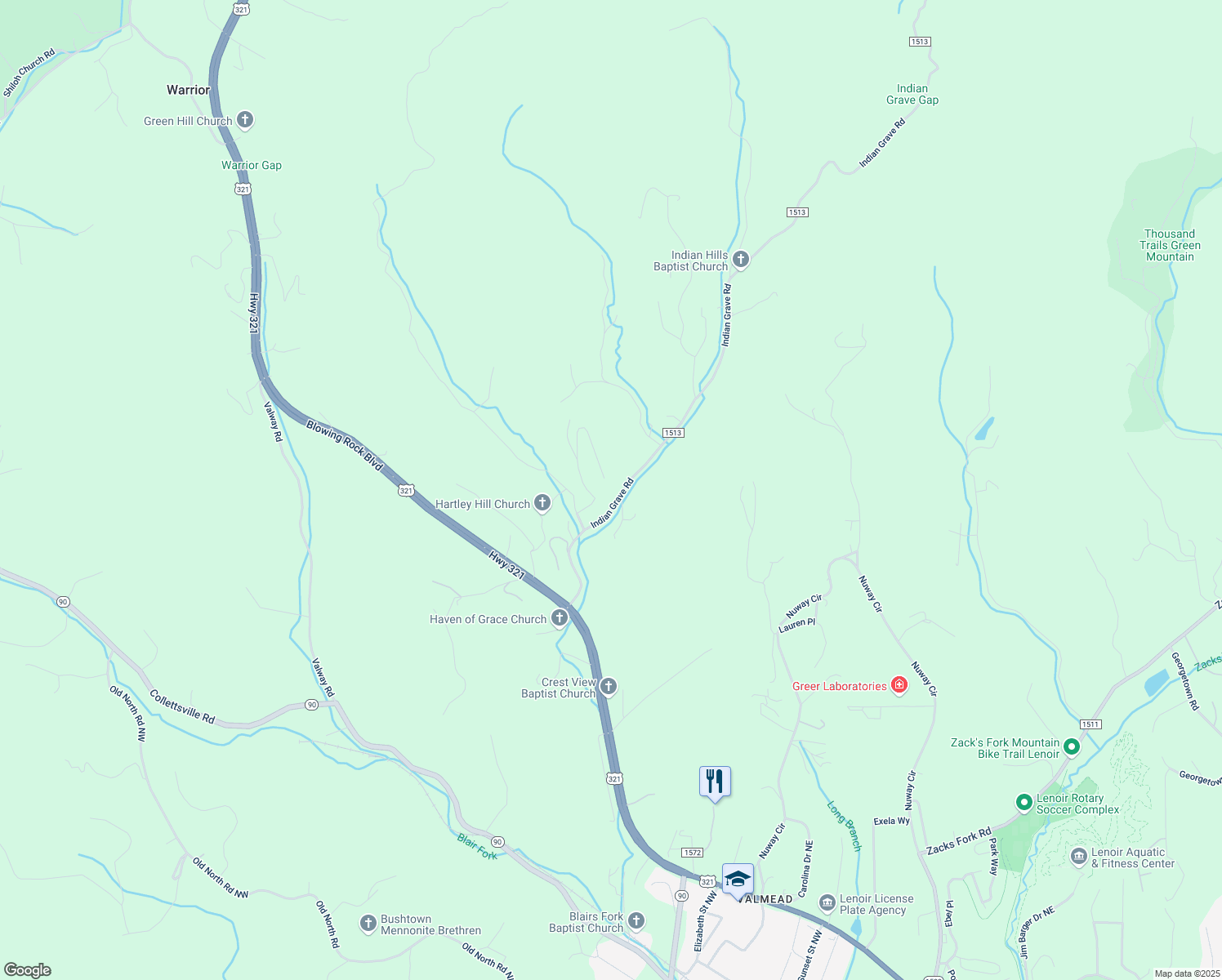 map of restaurants, bars, coffee shops, grocery stores, and more near 2375 Indian Grave Road in Lenoir