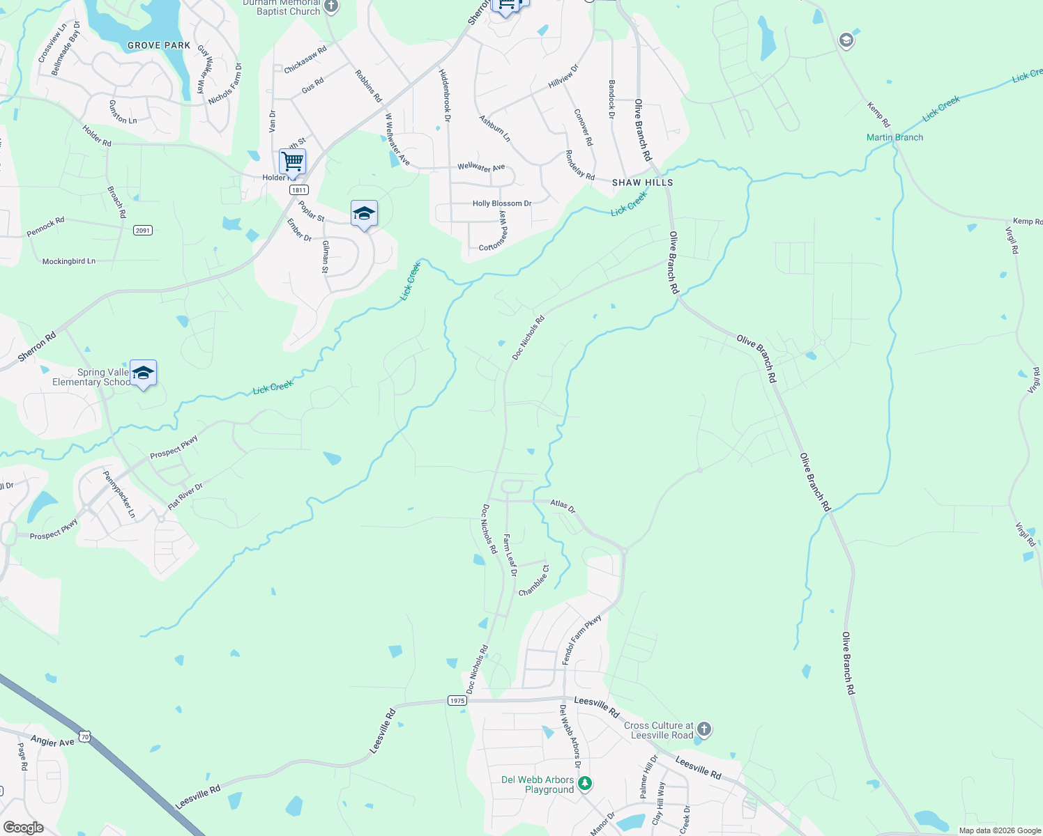 map of restaurants, bars, coffee shops, grocery stores, and more near 1301 Doc Nichols Road in Durham