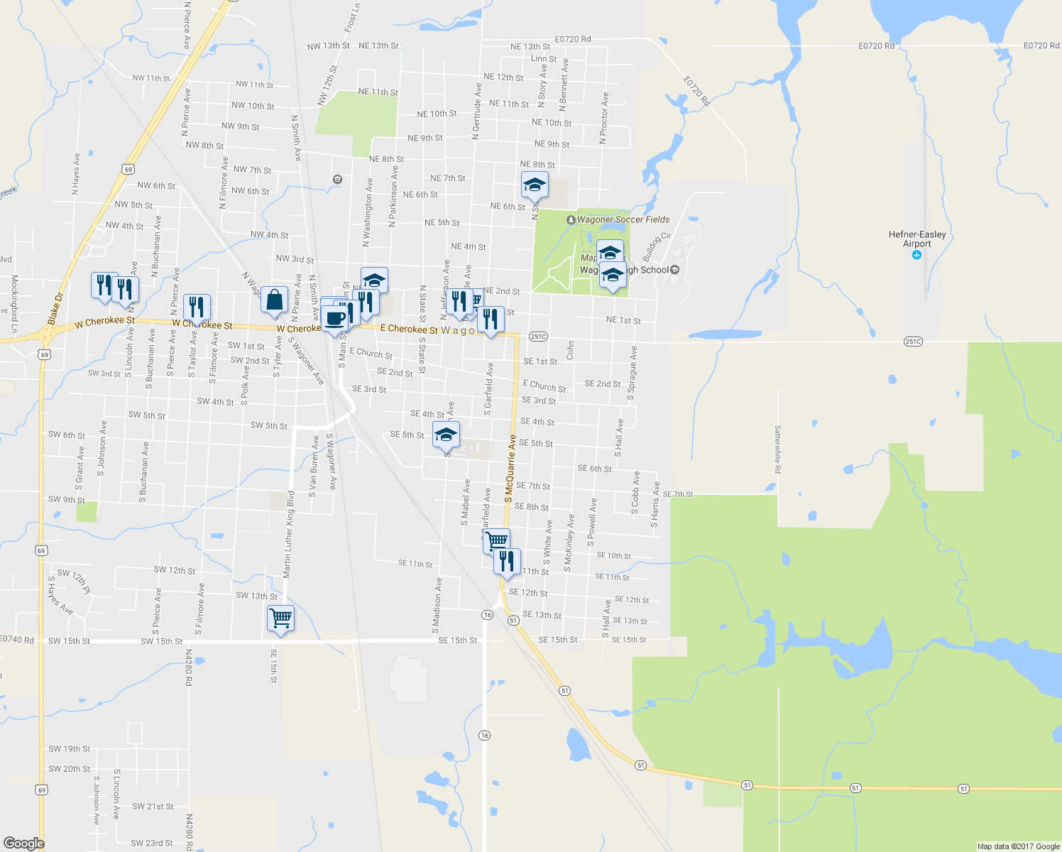 map of restaurants, bars, coffee shops, grocery stores, and more near 502 South Arthur Avenue in Wagoner